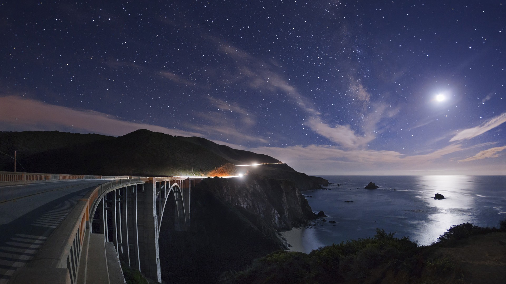 Bridge Night Clouds Starry Sky Wallpapers