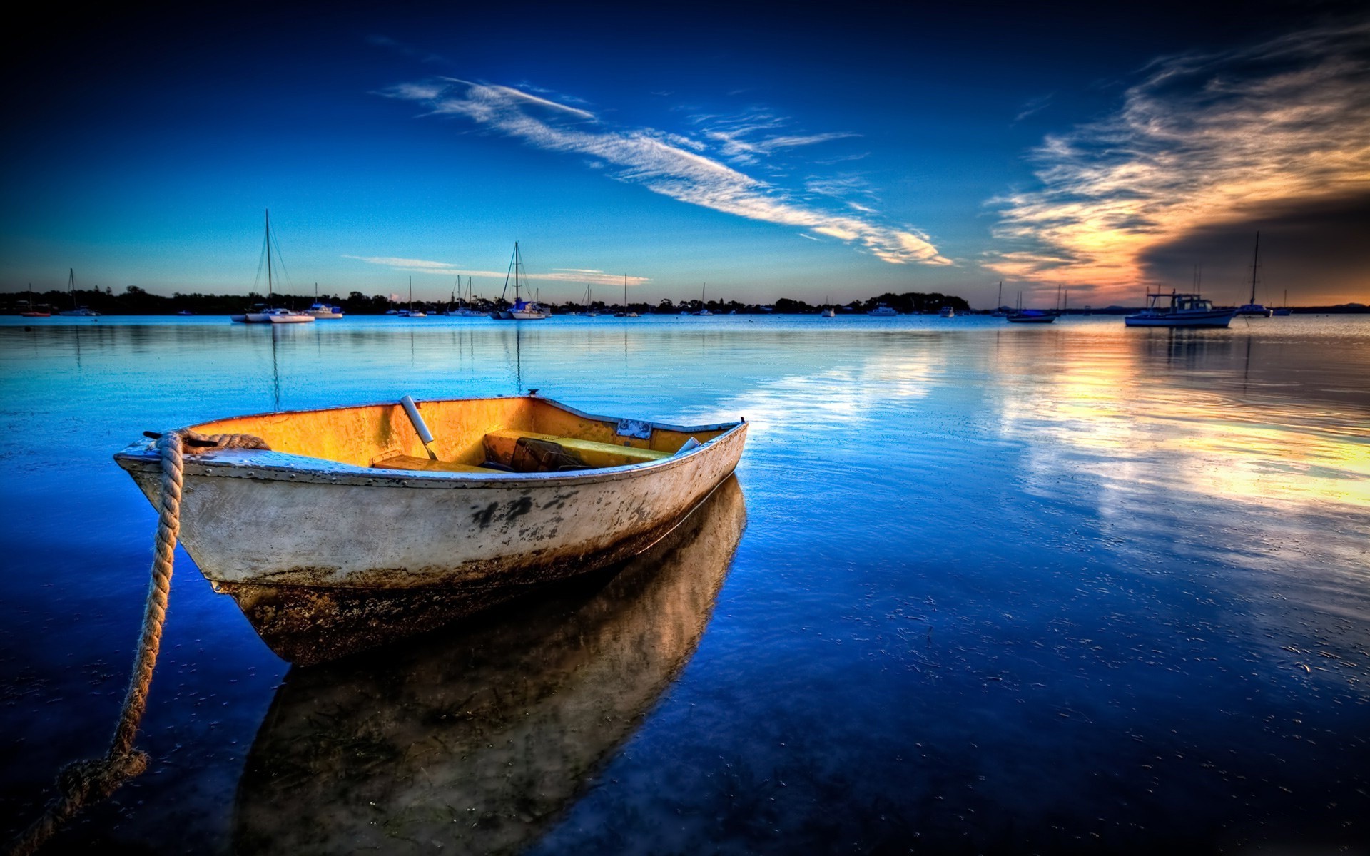 Dark Evening Blue Cloudy Alone Boat In Ocean Wallpapers