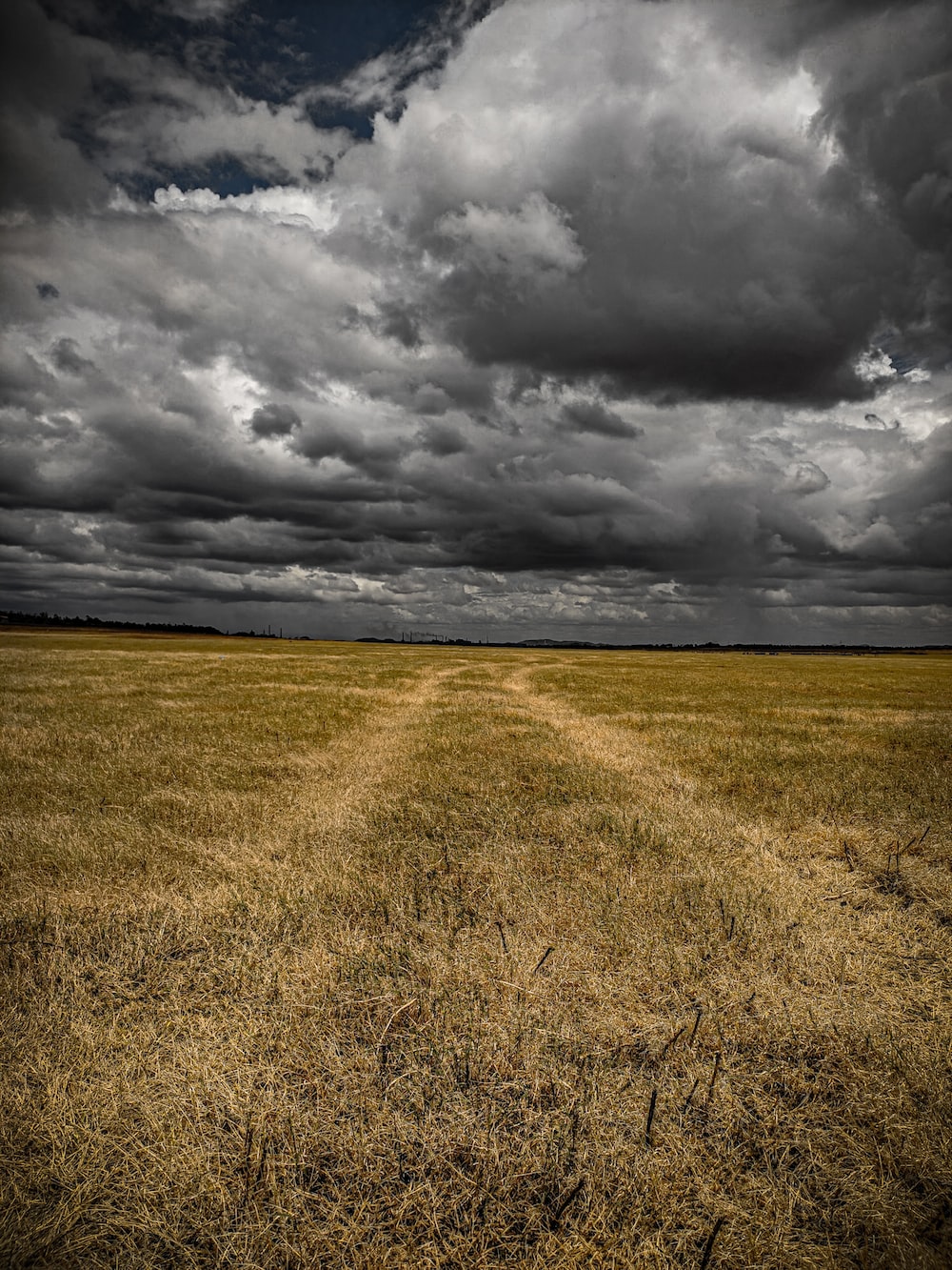 Dramatic Field Under Dark Clouds Wallpapers