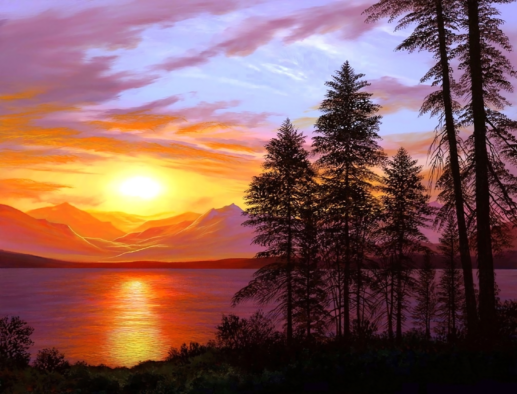 Evening Sunset Mountains Lake Wallpapers