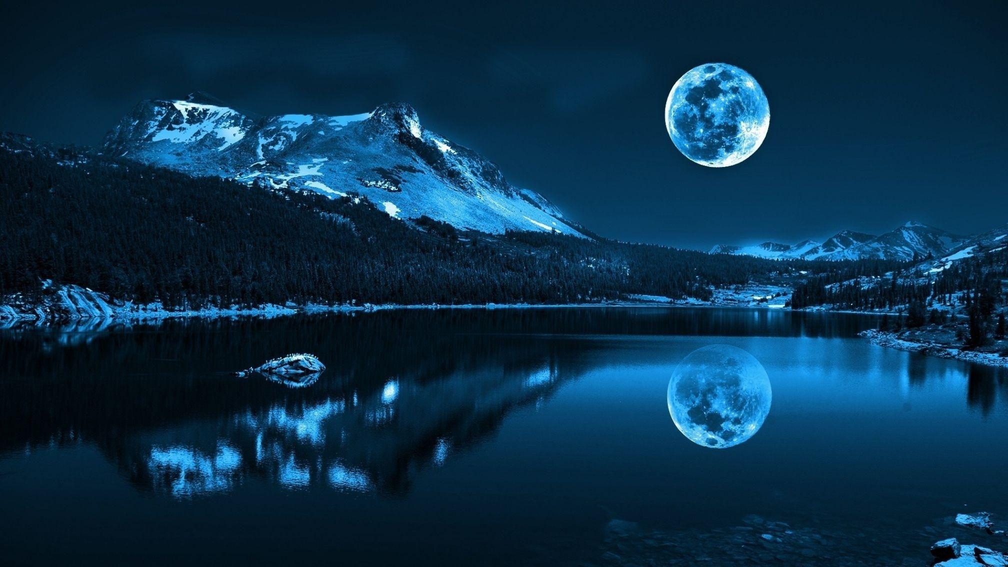 Full Moon Night Near Lake Wallpapers