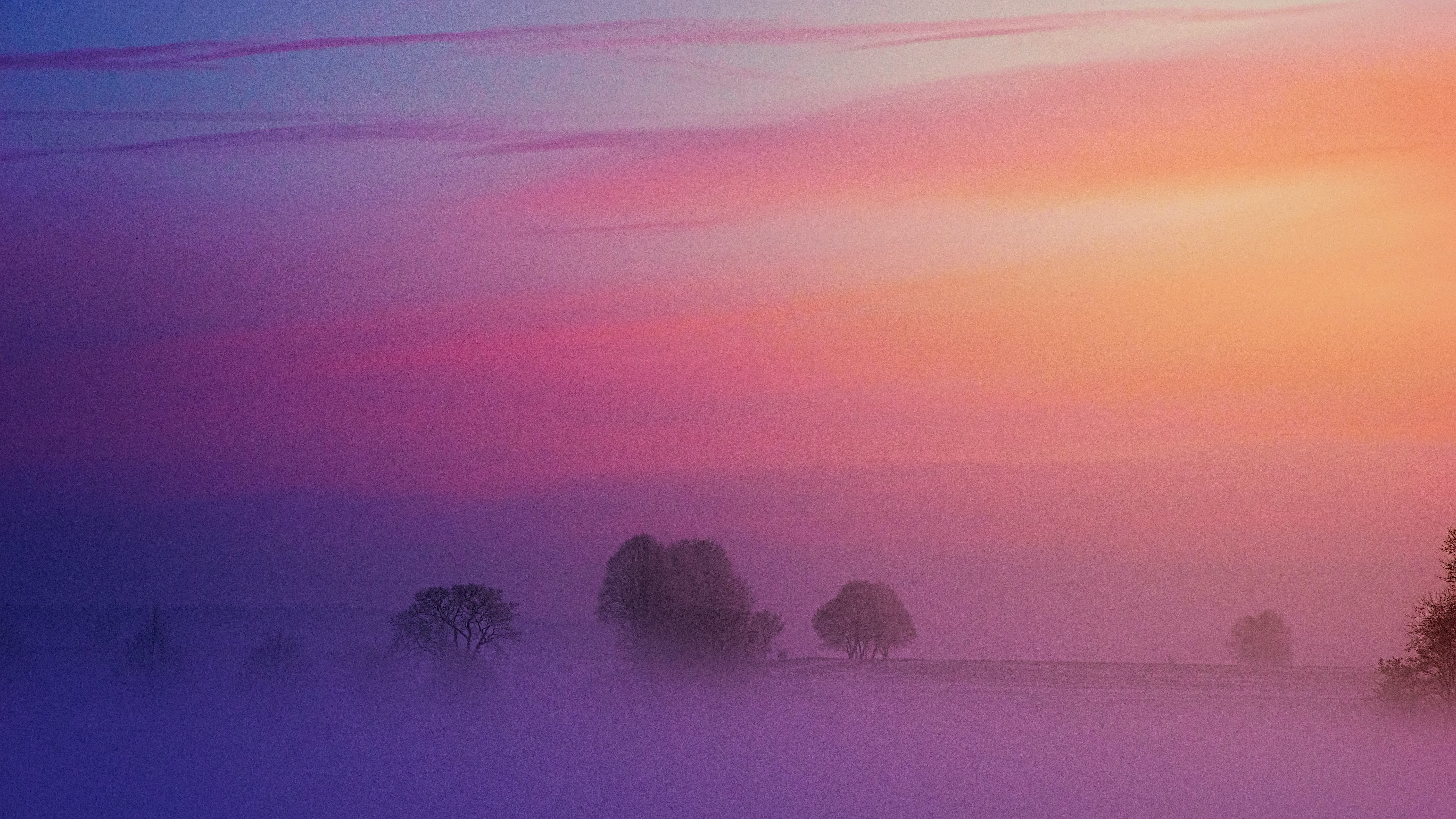 Green Grass And Fogg Under Purple Sky During Sunset Wallpapers