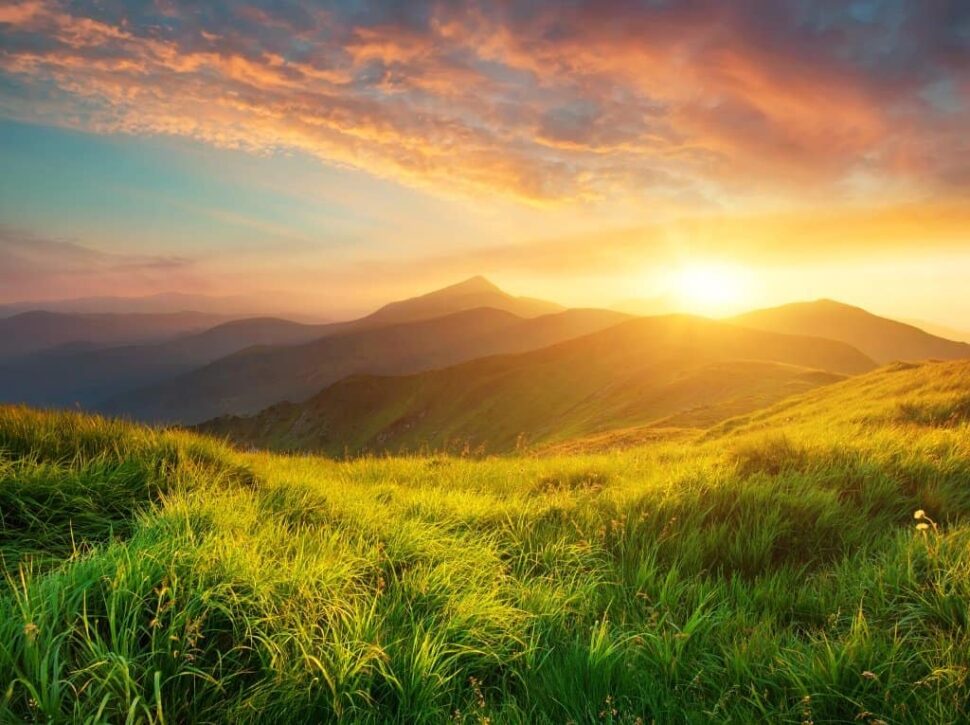 Green Grass And Fogg Under Purple Sky During Sunset Wallpapers