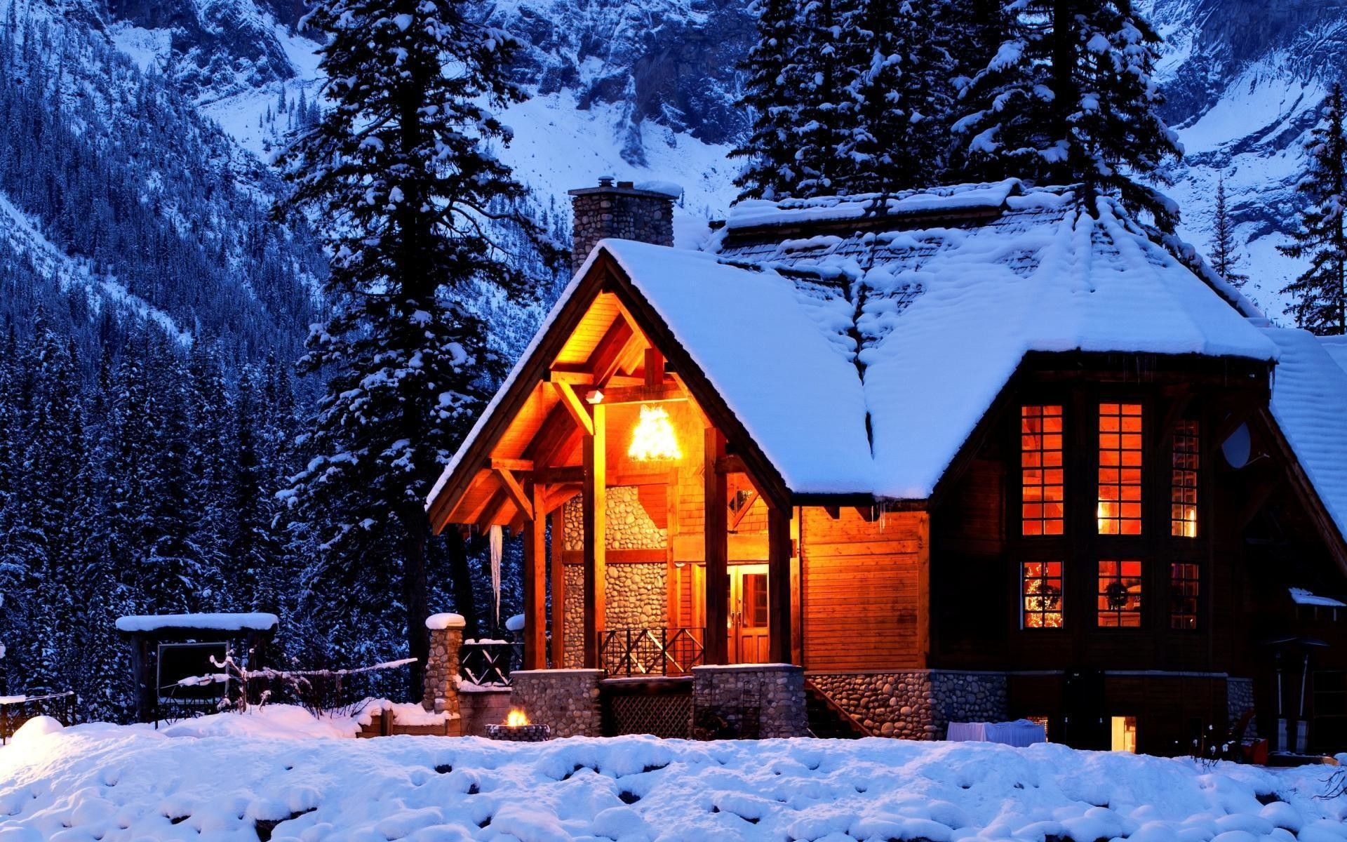 Hut House In Snowy Night Wallpapers