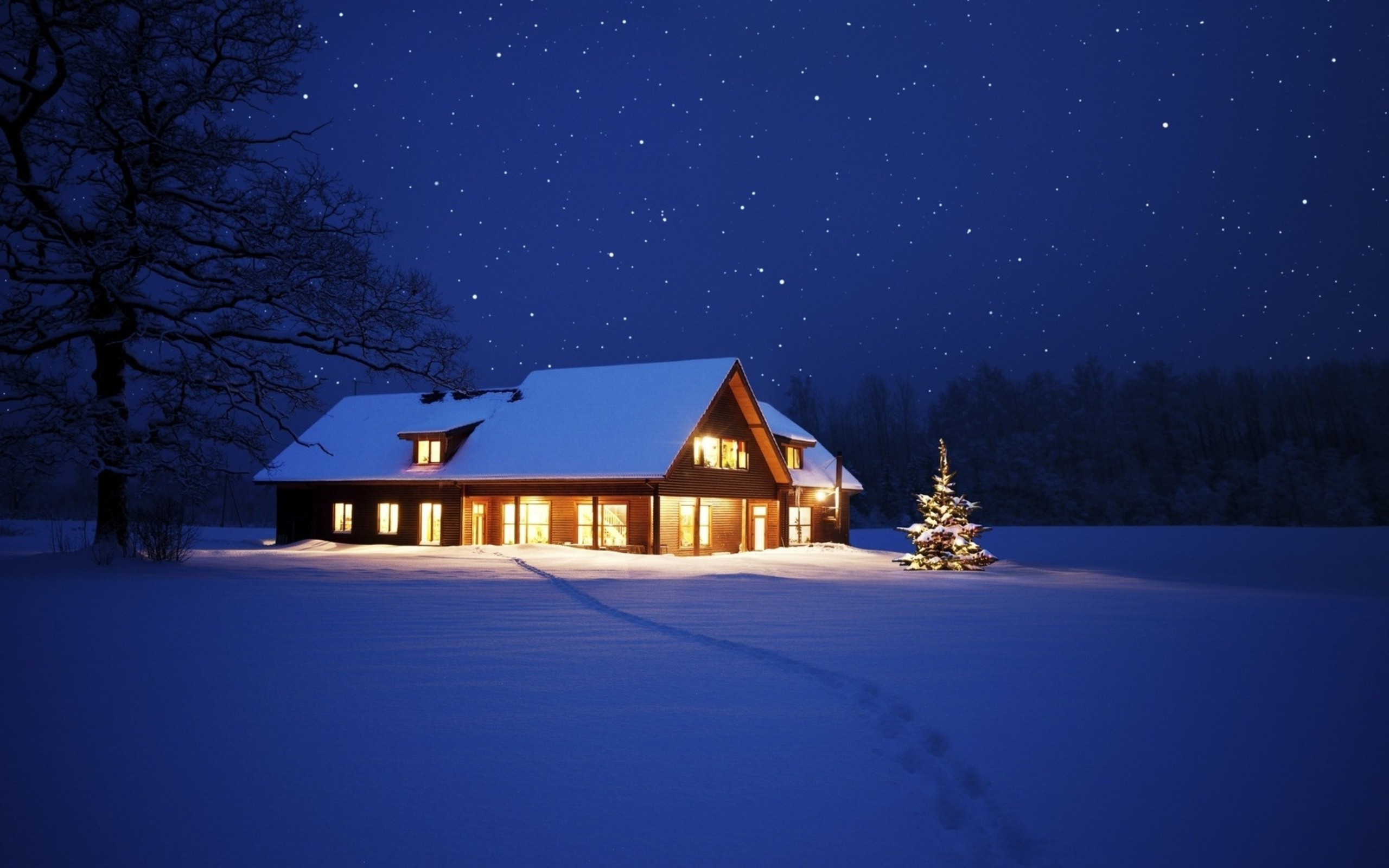 Hut House In Snowy Night Wallpapers