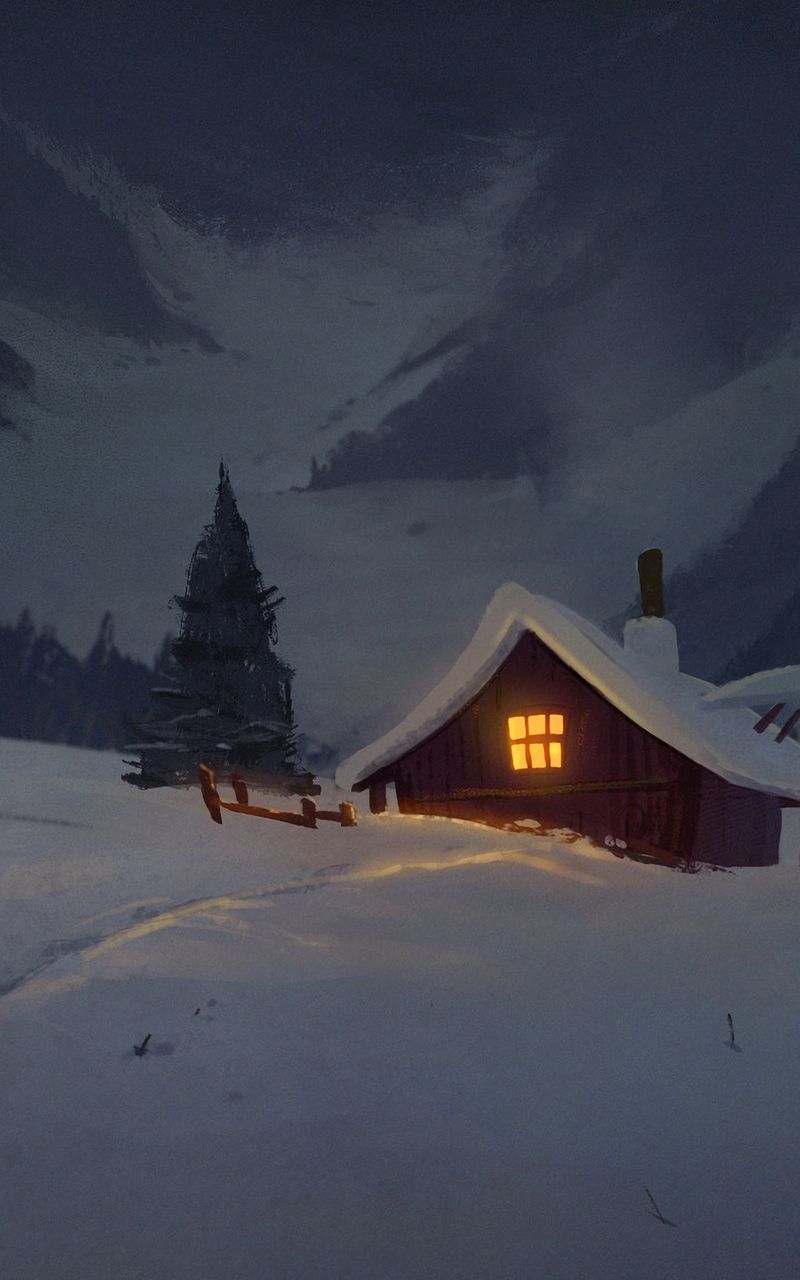 Hut House In Snowy Night Wallpapers