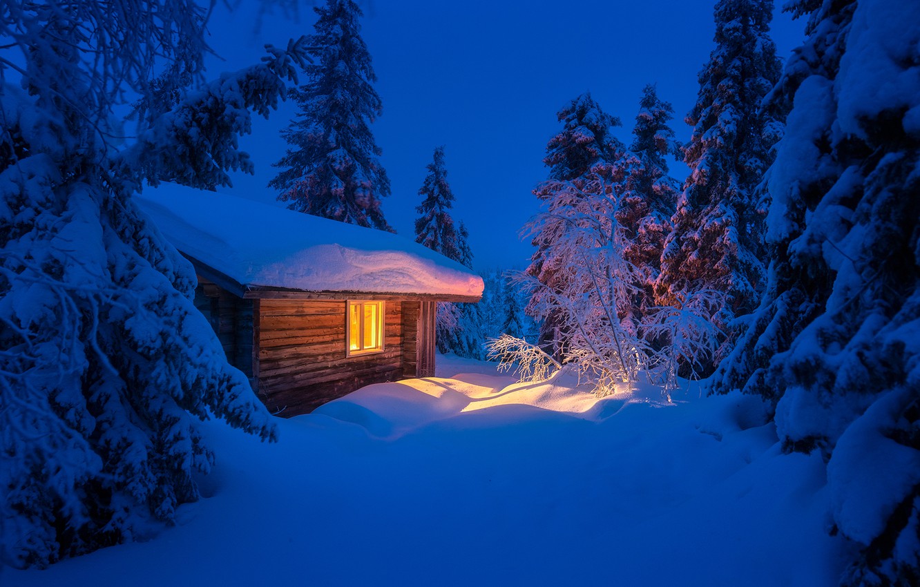 Hut House In Snowy Night Wallpapers