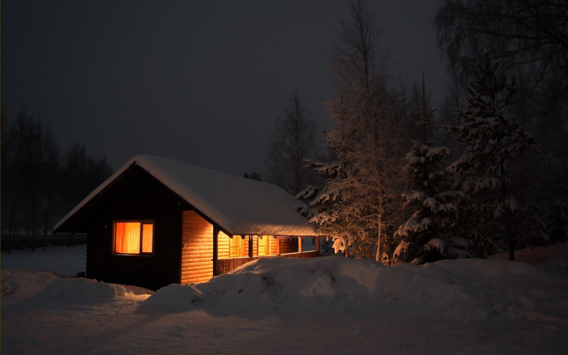 Hut House In Snowy Night Wallpapers