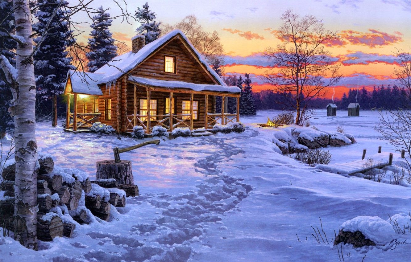 Hut House In Snowy Night Wallpapers