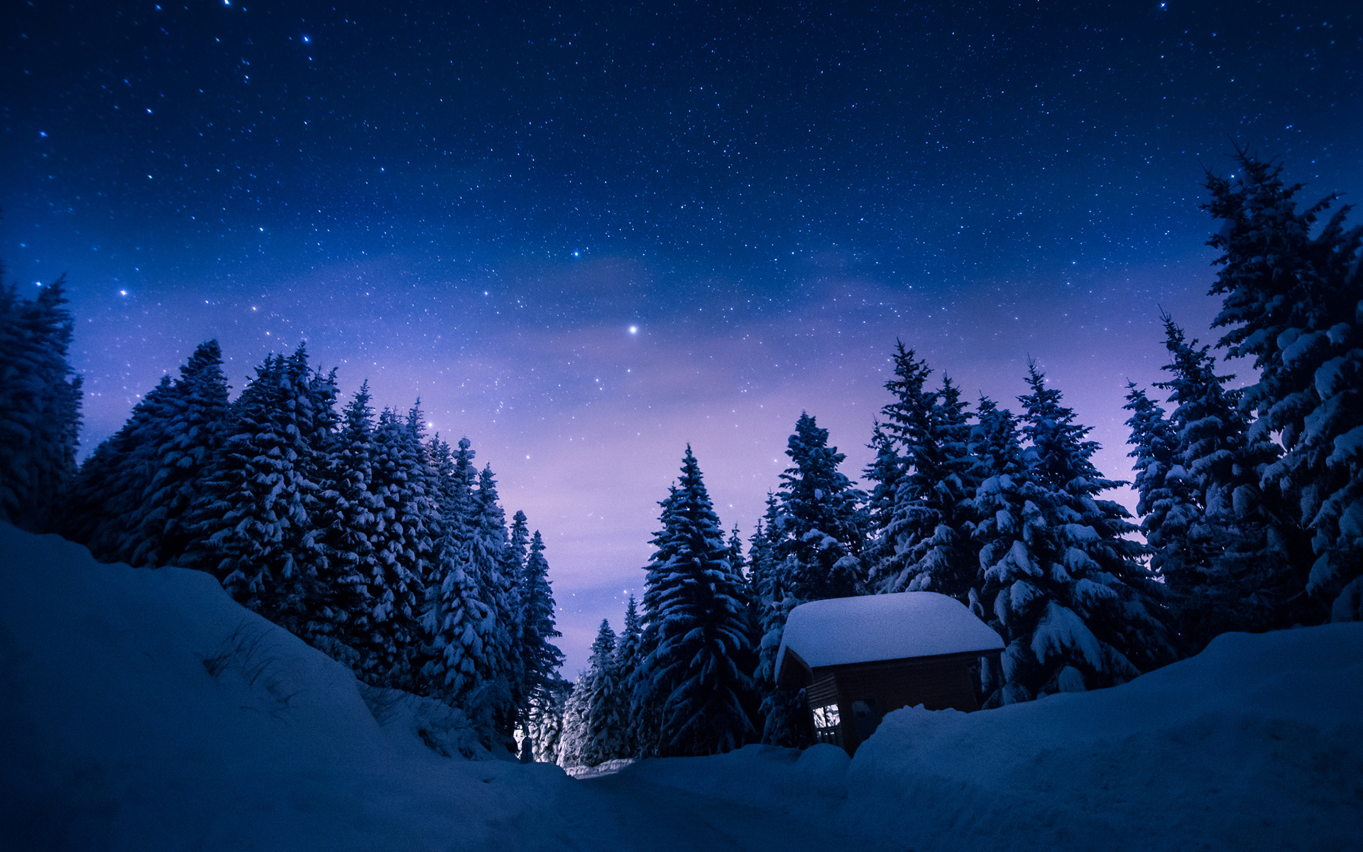 Hut House In Snowy Night Wallpapers