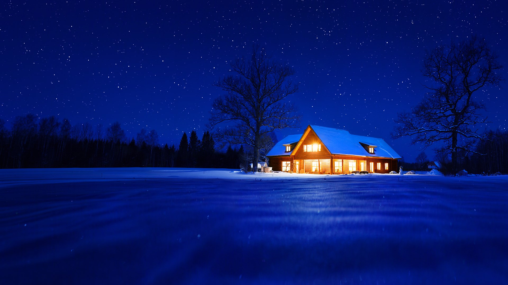 Hut House In Snowy Night Wallpapers