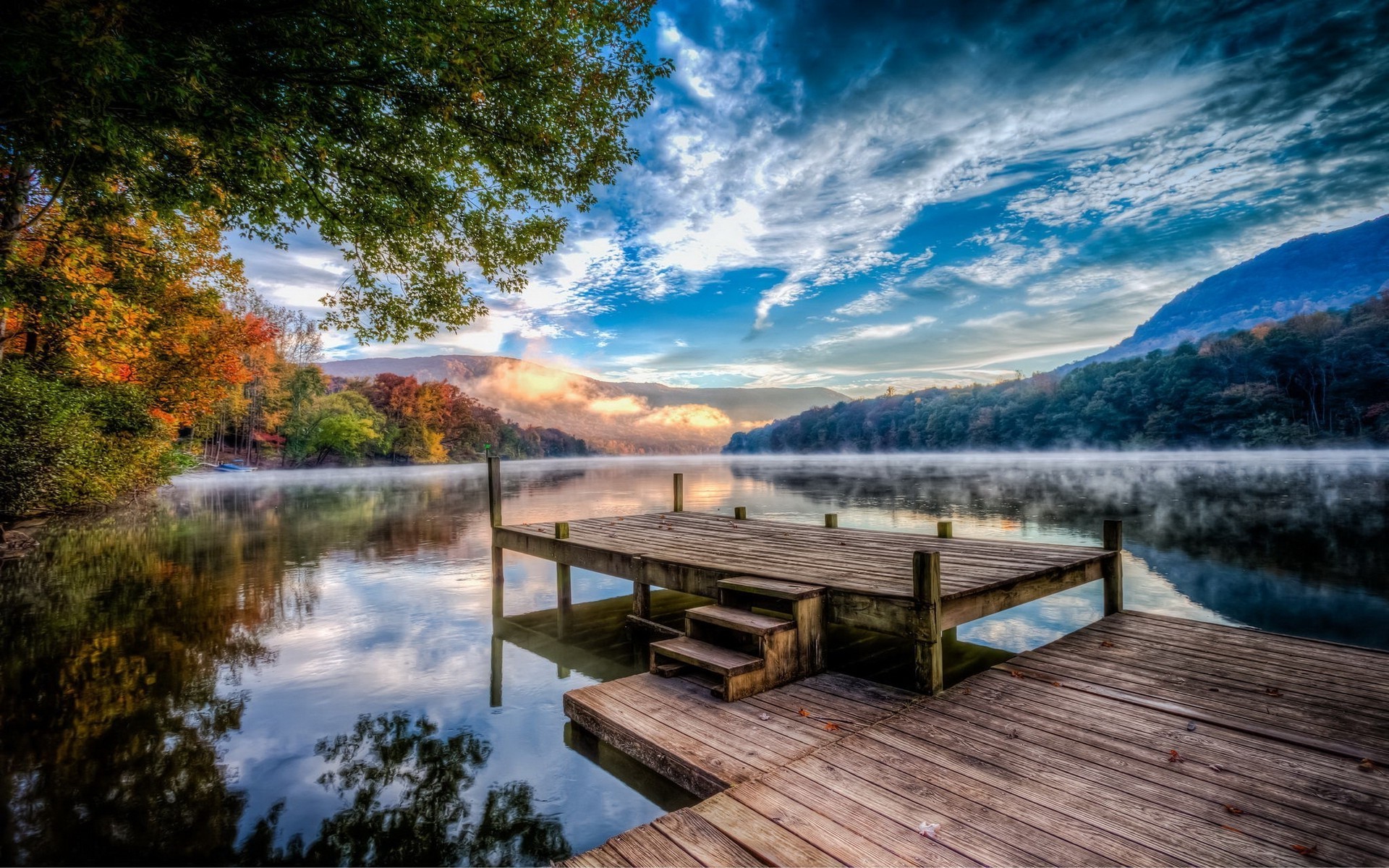 Lake Pier And Mountain Sunset Wallpapers