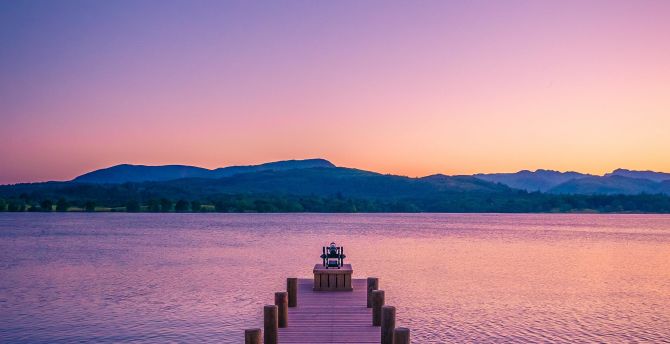Lake Pier And Mountain Sunset Wallpapers