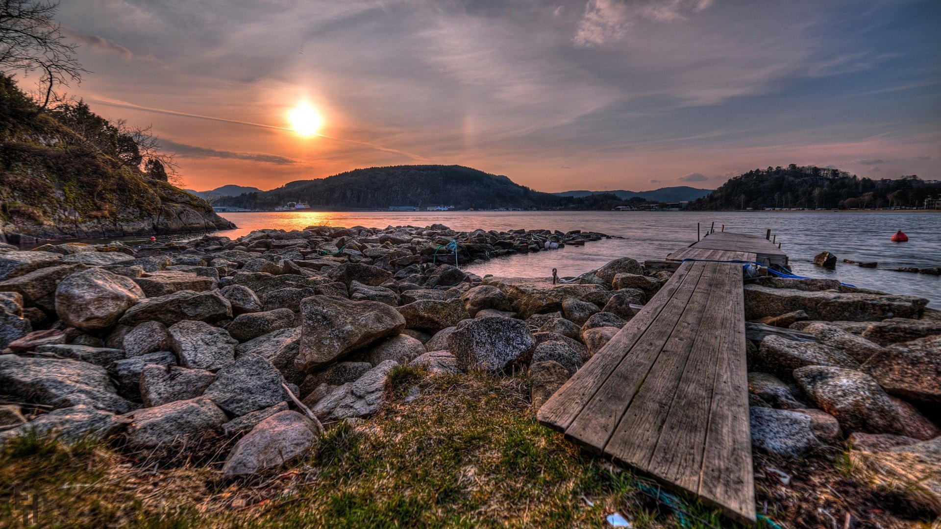 Lake Pier And Mountain Sunset Wallpapers