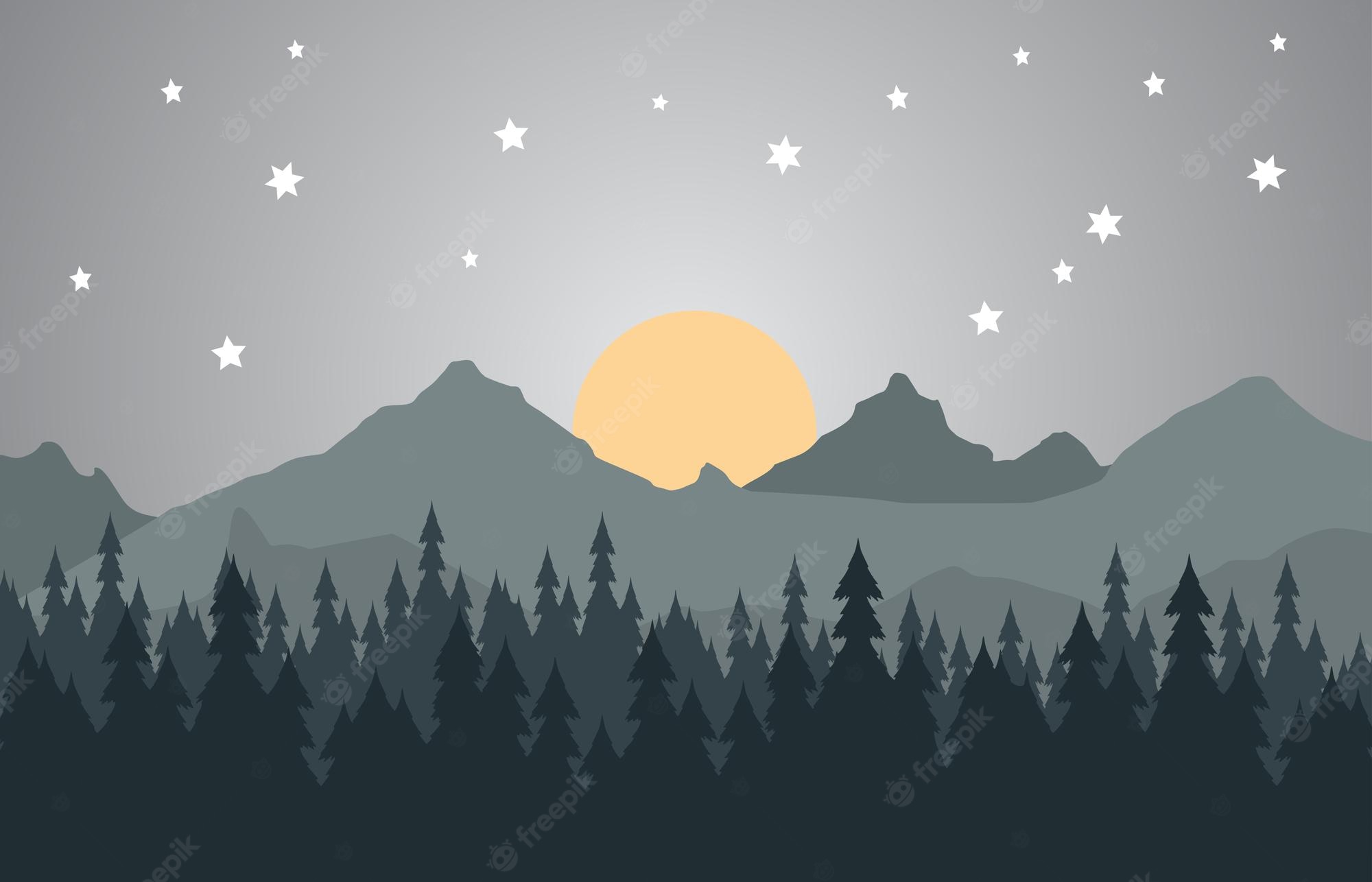 Landscape Forest Mountains In Night Sky Wallpapers