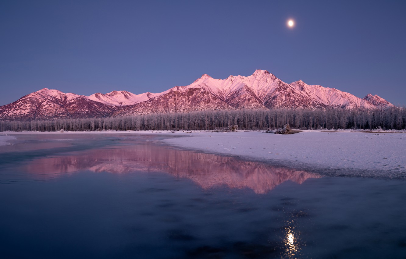 Moon At Pick Of Winter Mountains Wallpapers