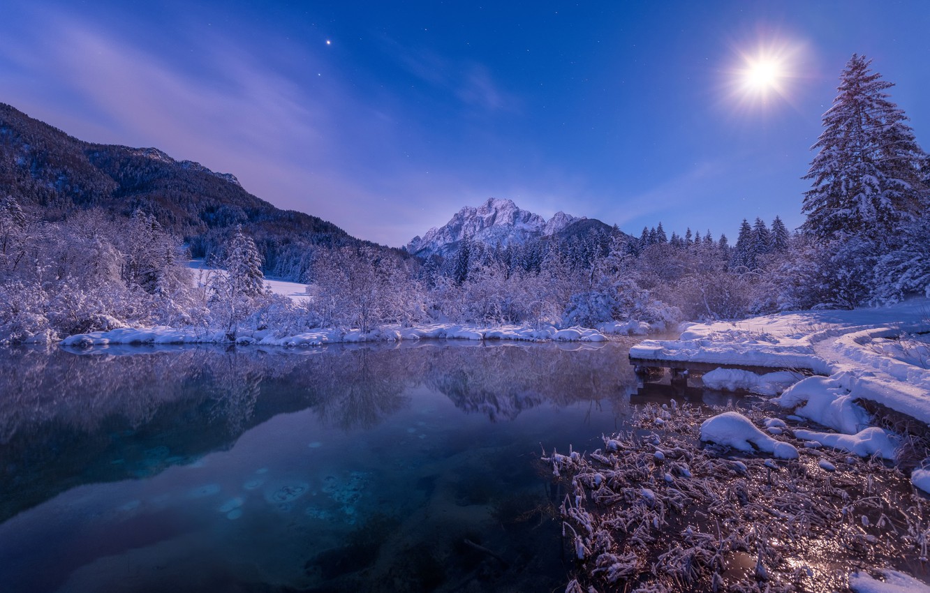 Moon At Pick Of Winter Mountains Wallpapers