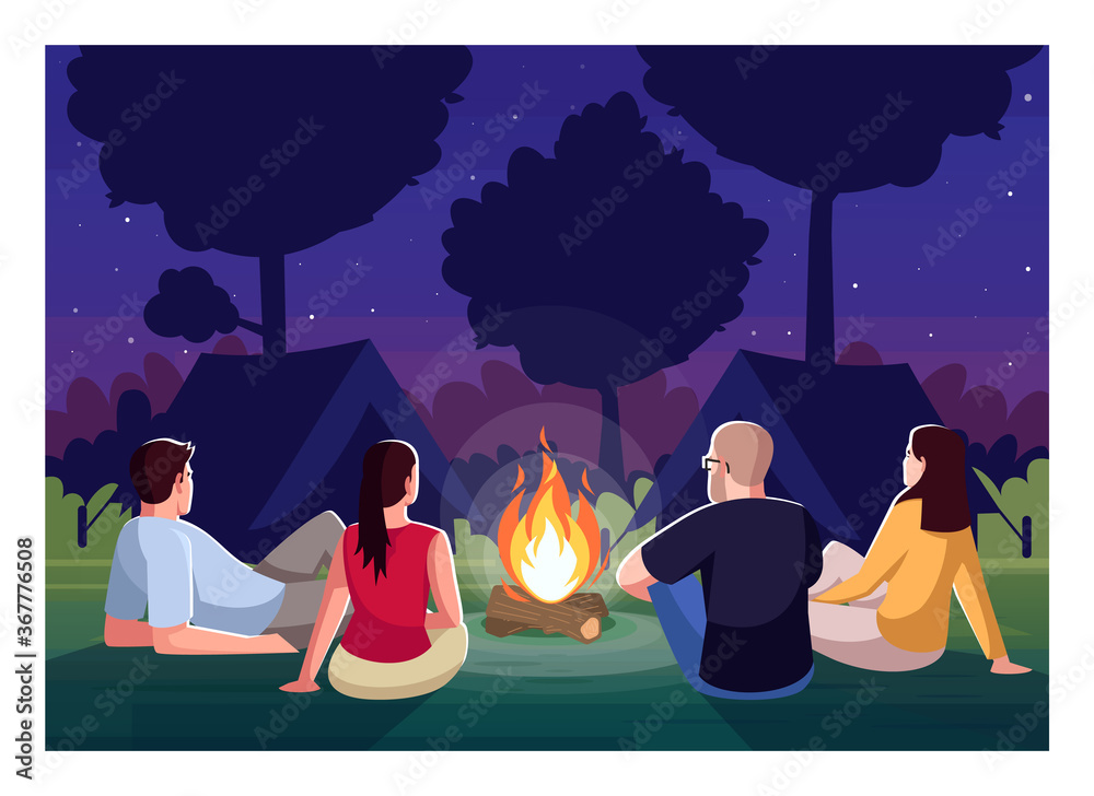 People Sitting Around Campfire In Dark Night Wallpapers