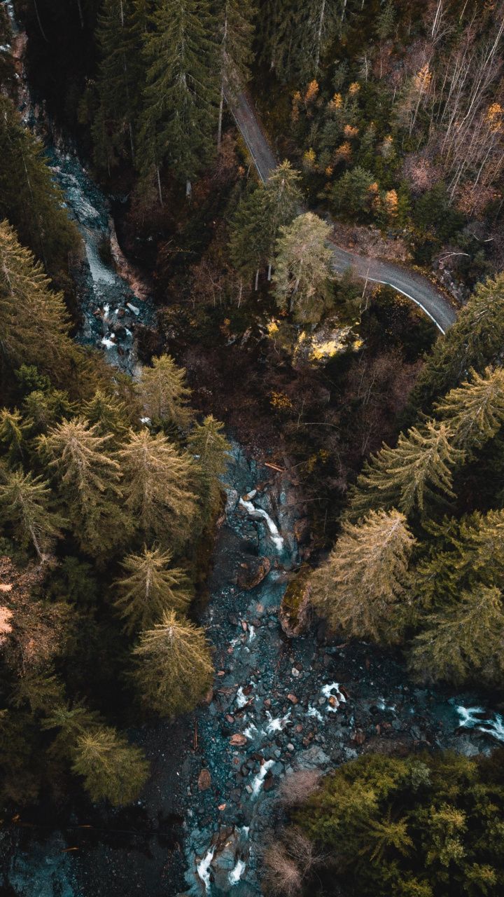 River And Forest Sunset Drone View Wallpapers