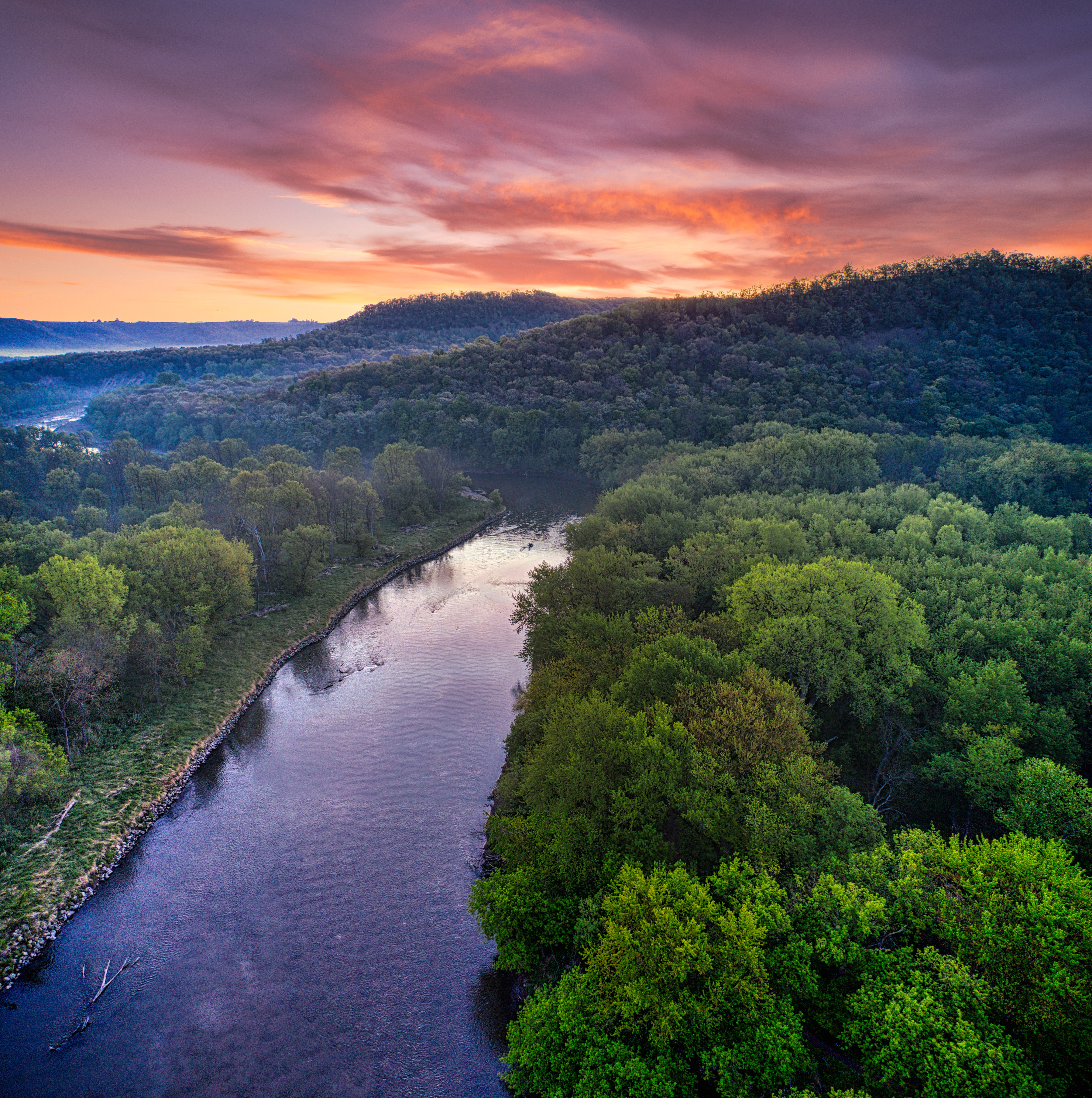 River And Forest Sunset Drone View Wallpapers