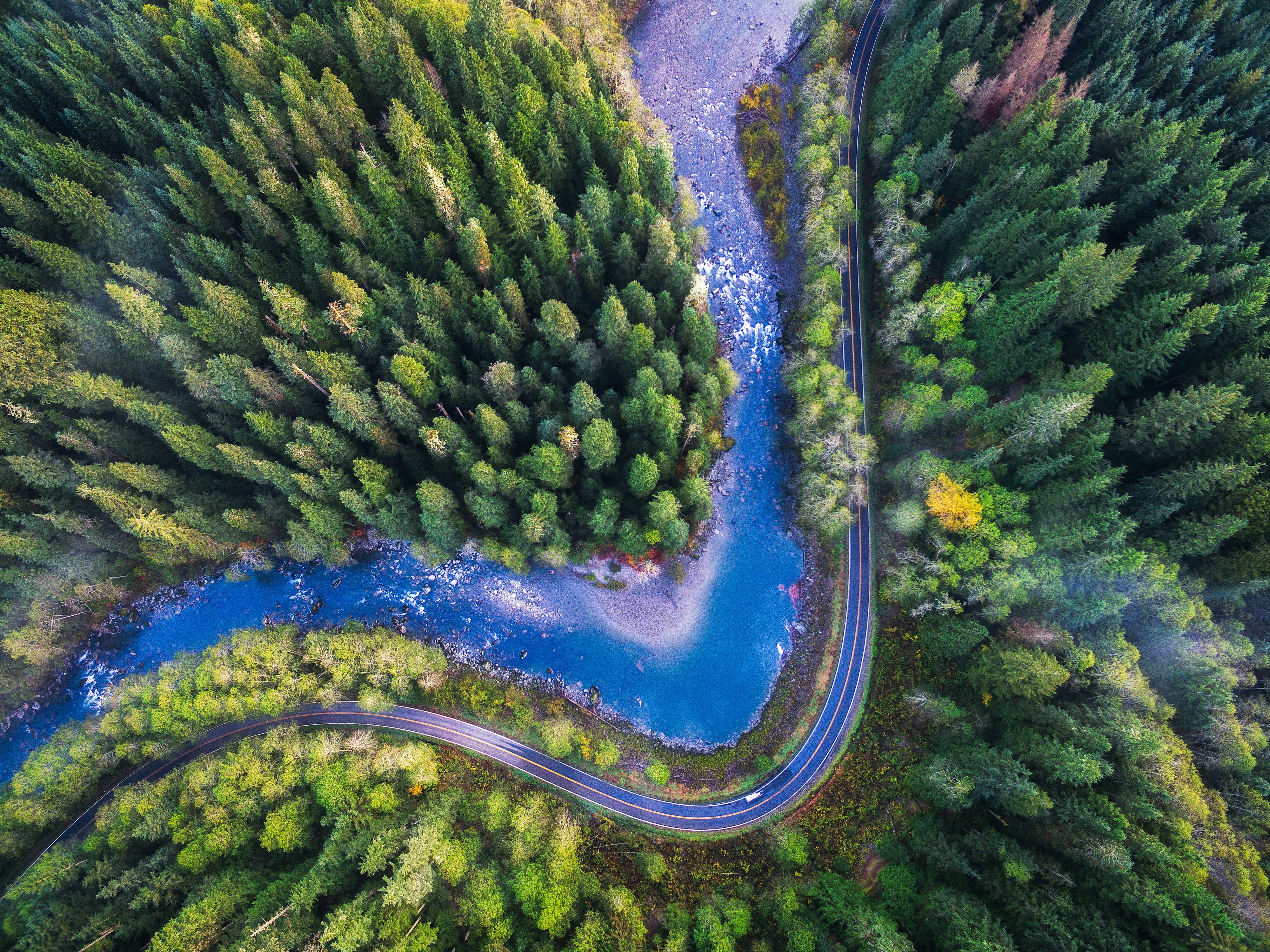 River And Forest Sunset Drone View Wallpapers