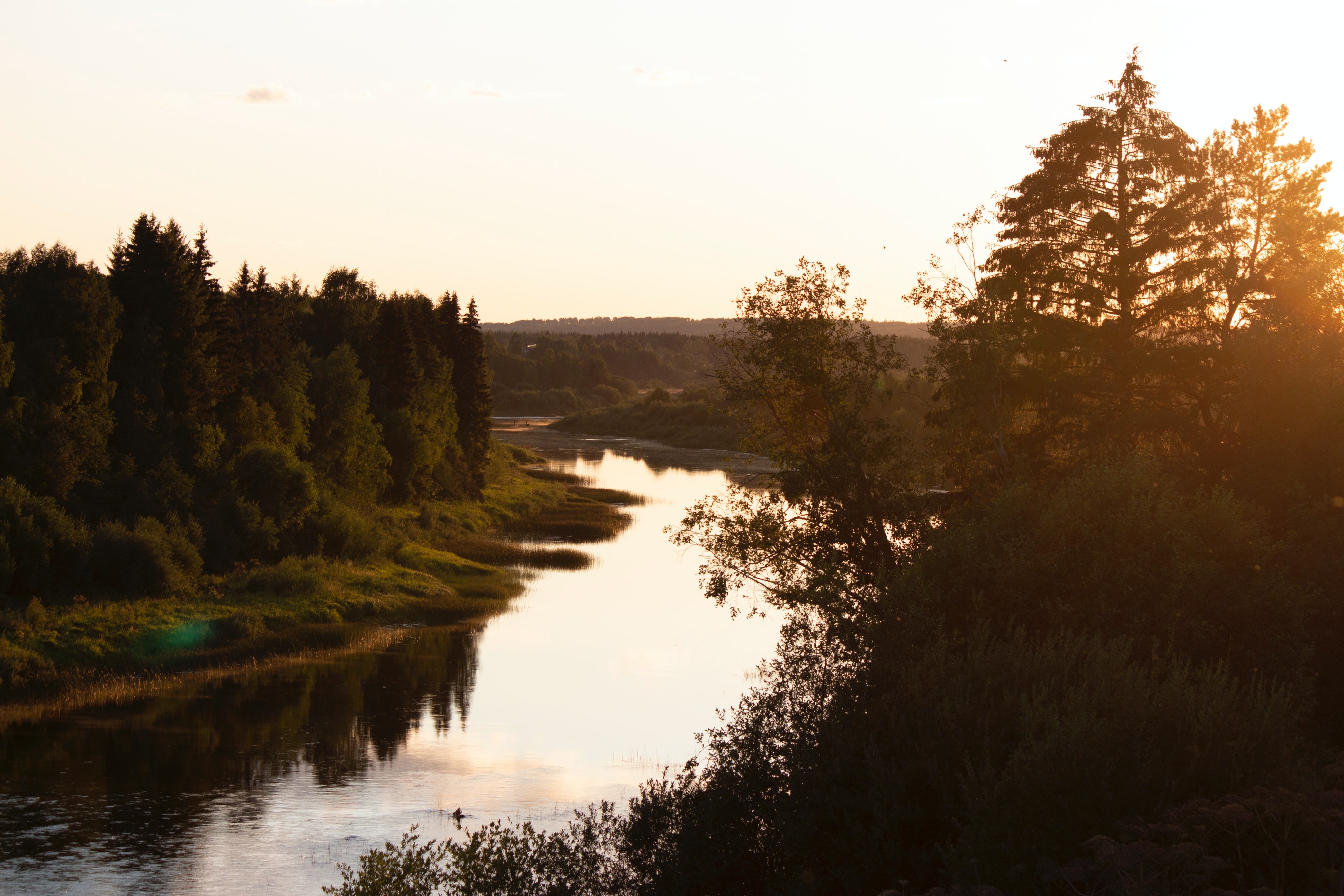 River And Forest Sunset Drone View Wallpapers