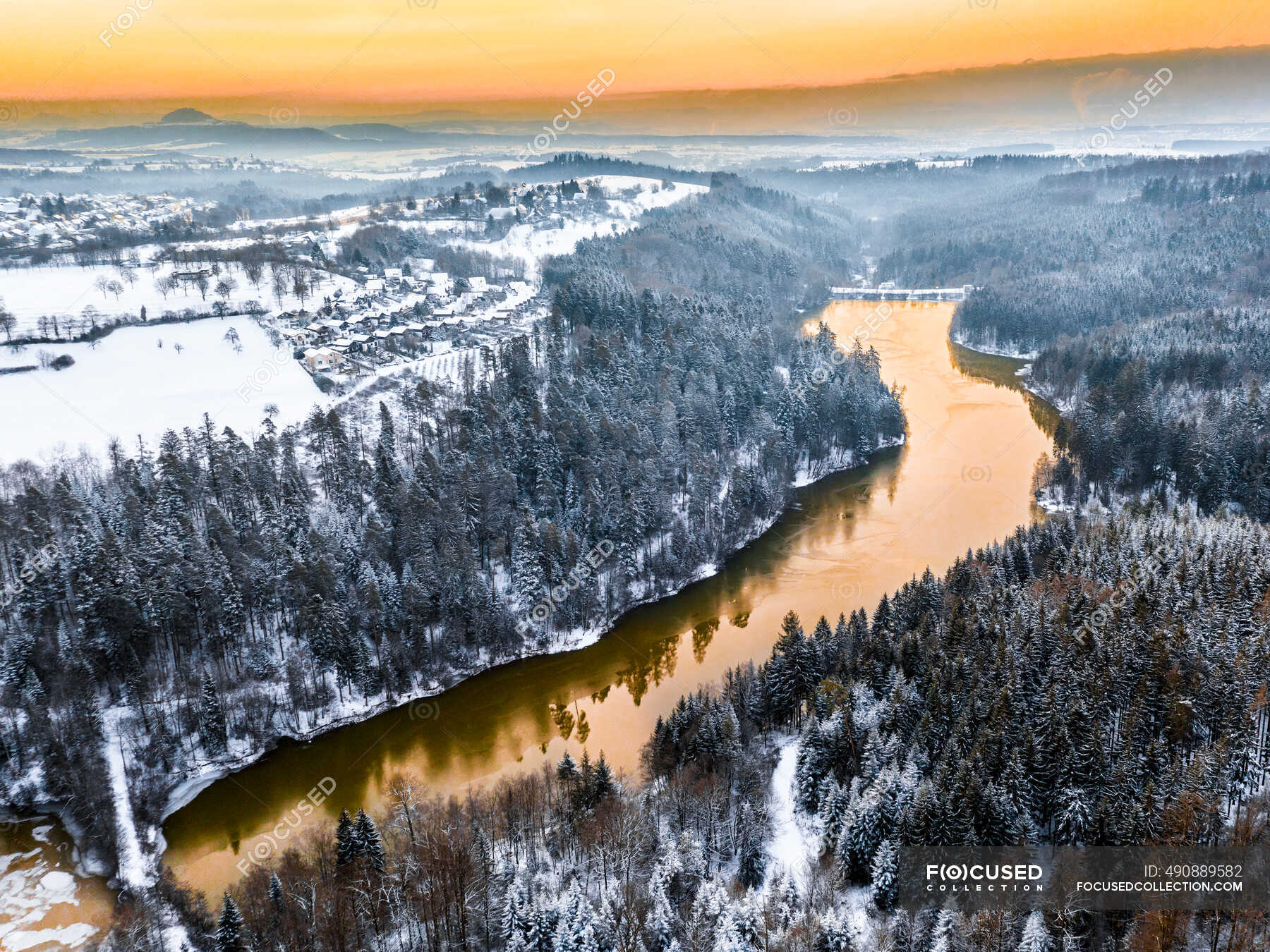 River And Forest Sunset Drone View Wallpapers