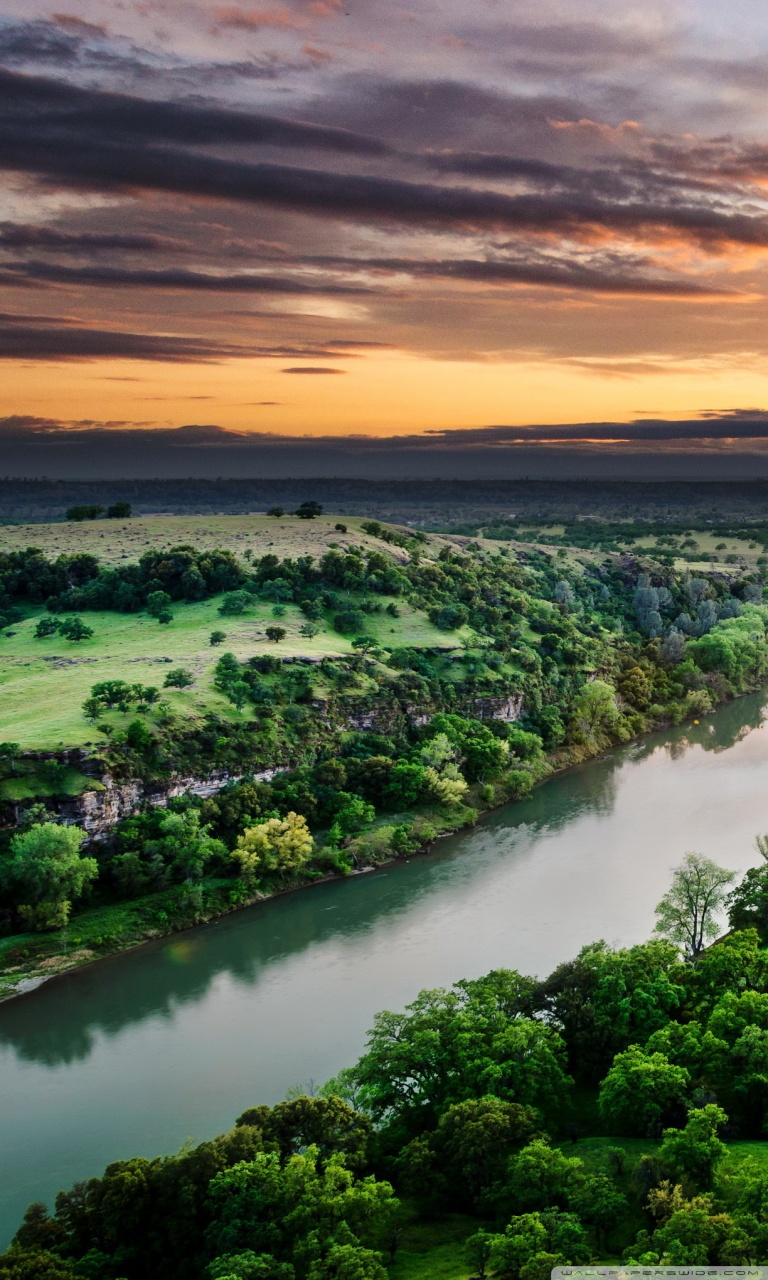 River And Forest Sunset Drone View Wallpapers