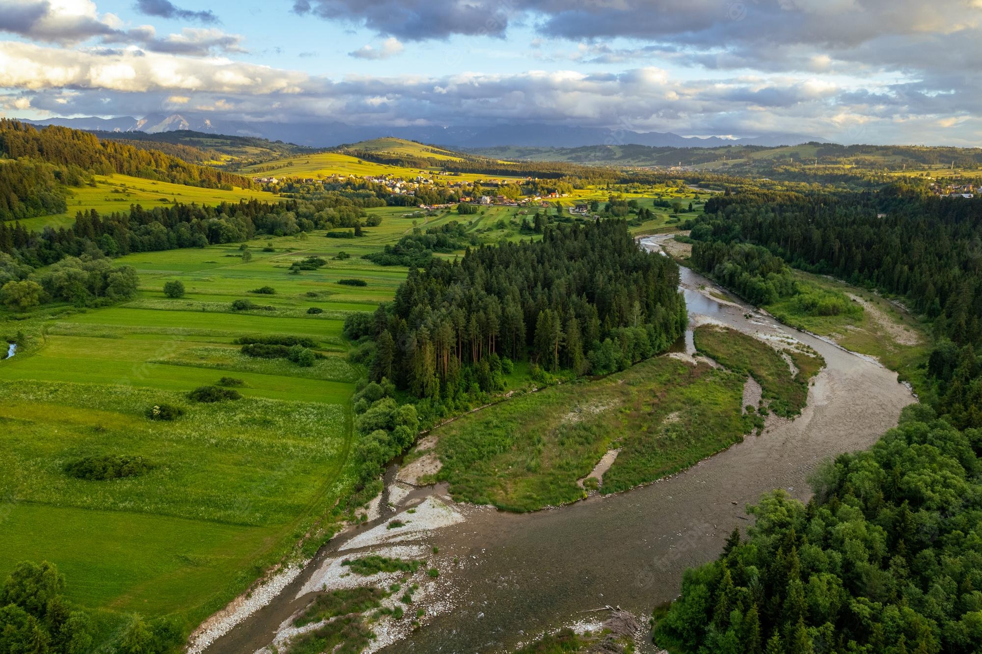 River And Forest Sunset Drone View Wallpapers