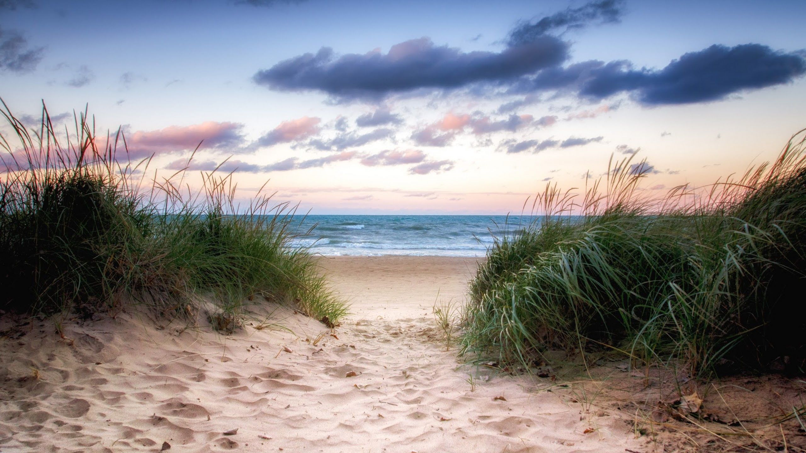 Sand And Pathway To Sea Under Cloudy Sunset Wallpapers