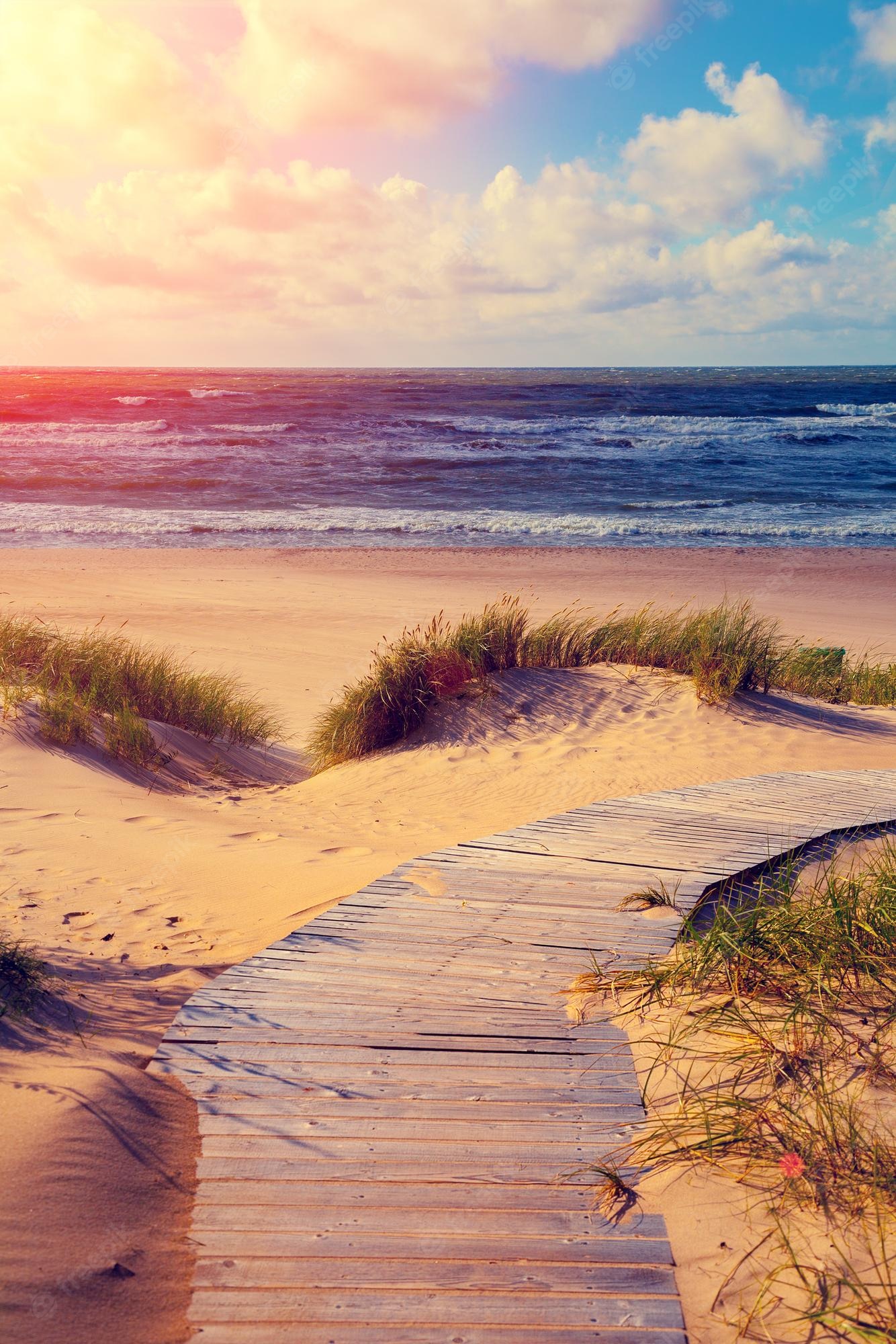 Sand And Pathway To Sea Under Cloudy Sunset Wallpapers