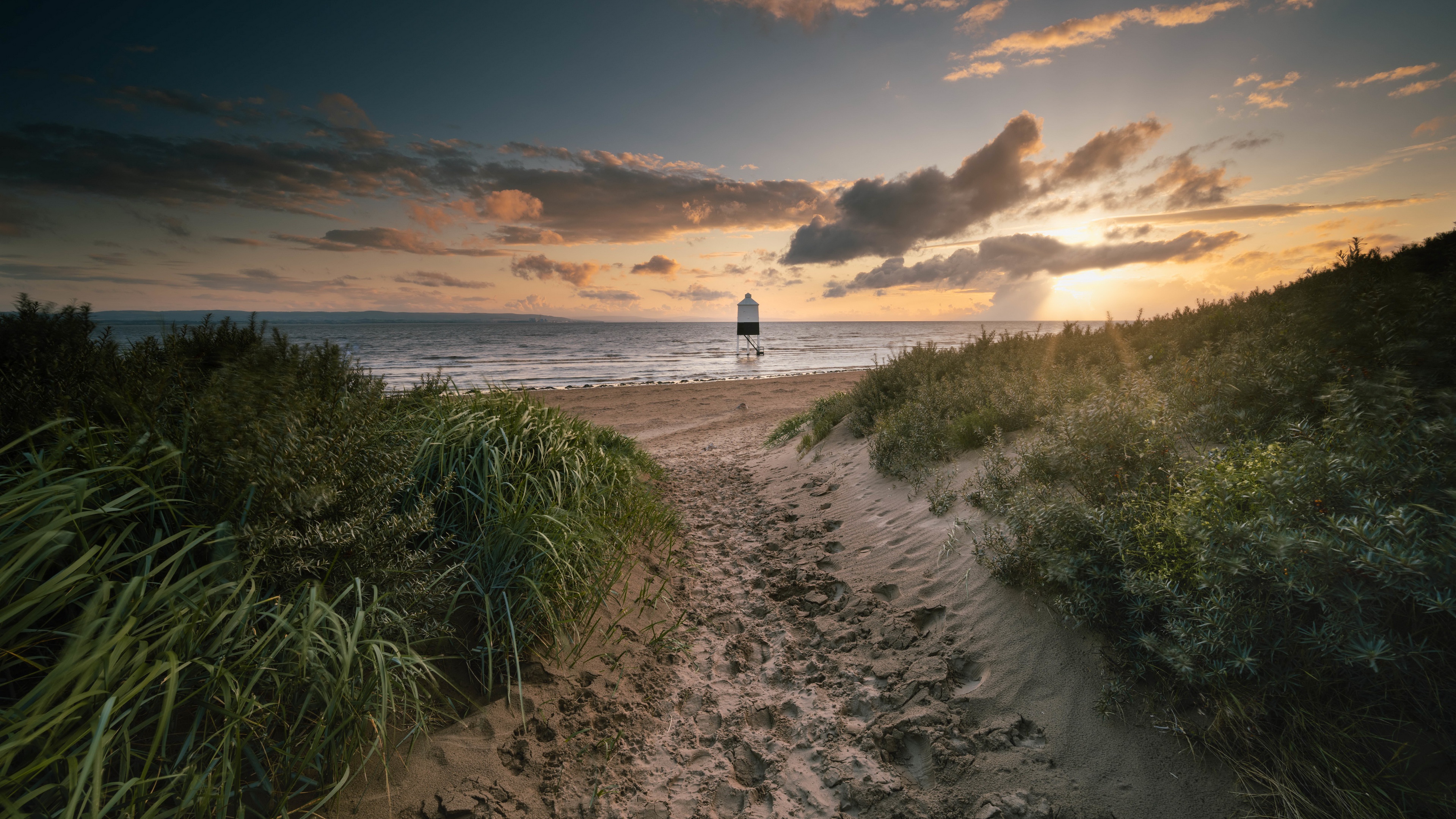 Sand And Pathway To Sea Under Cloudy Sunset Wallpapers