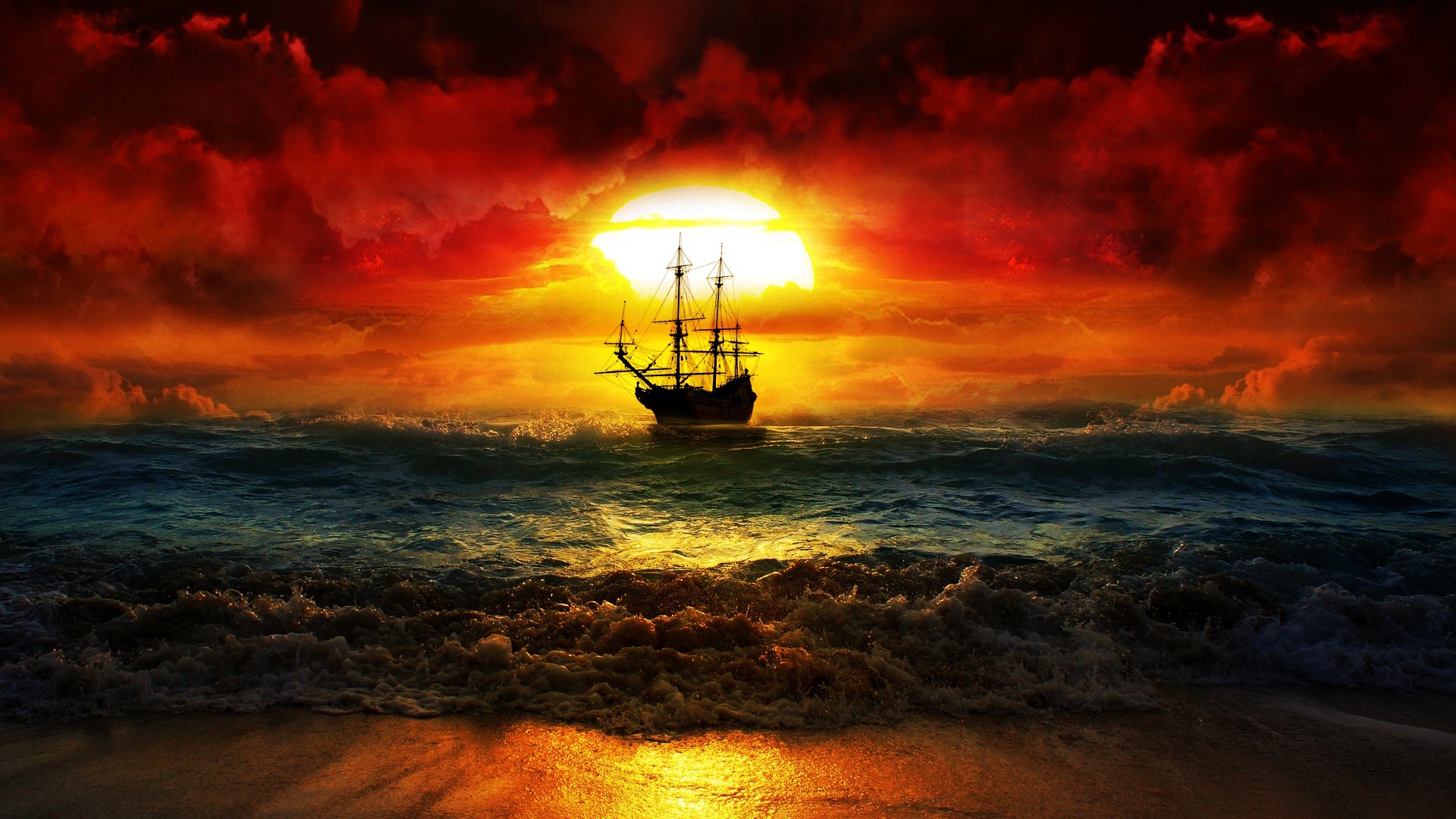 Sunset Boat Sail Orange Cloud And Sea Wallpapers