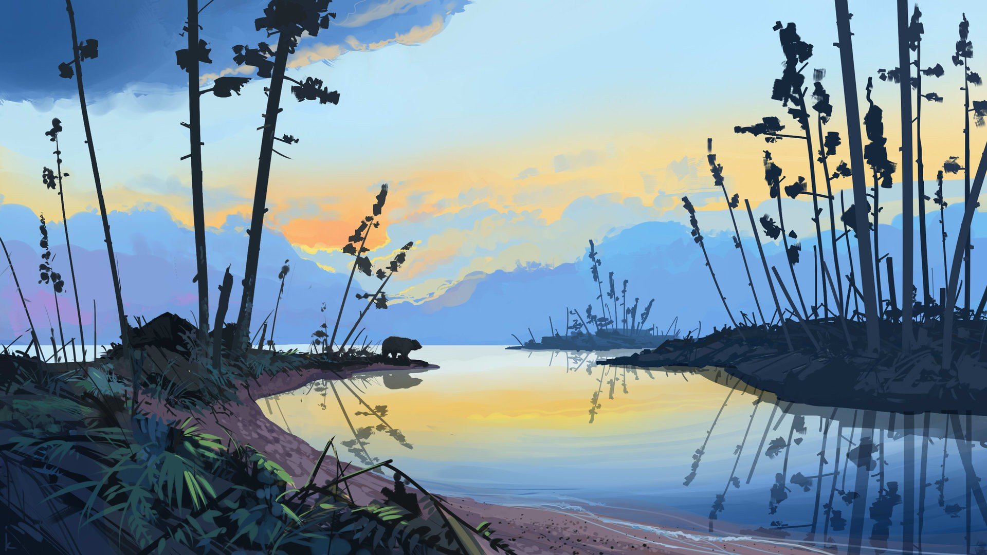 Sunset On The Lake Drawing Wallpapers