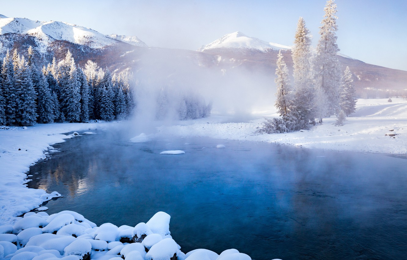 Winter Fog, Snow, Trees And Lake Wallpapers