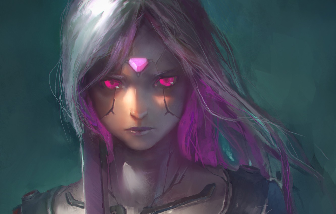 Angry Cyborg Purple Hair Girl Wallpapers