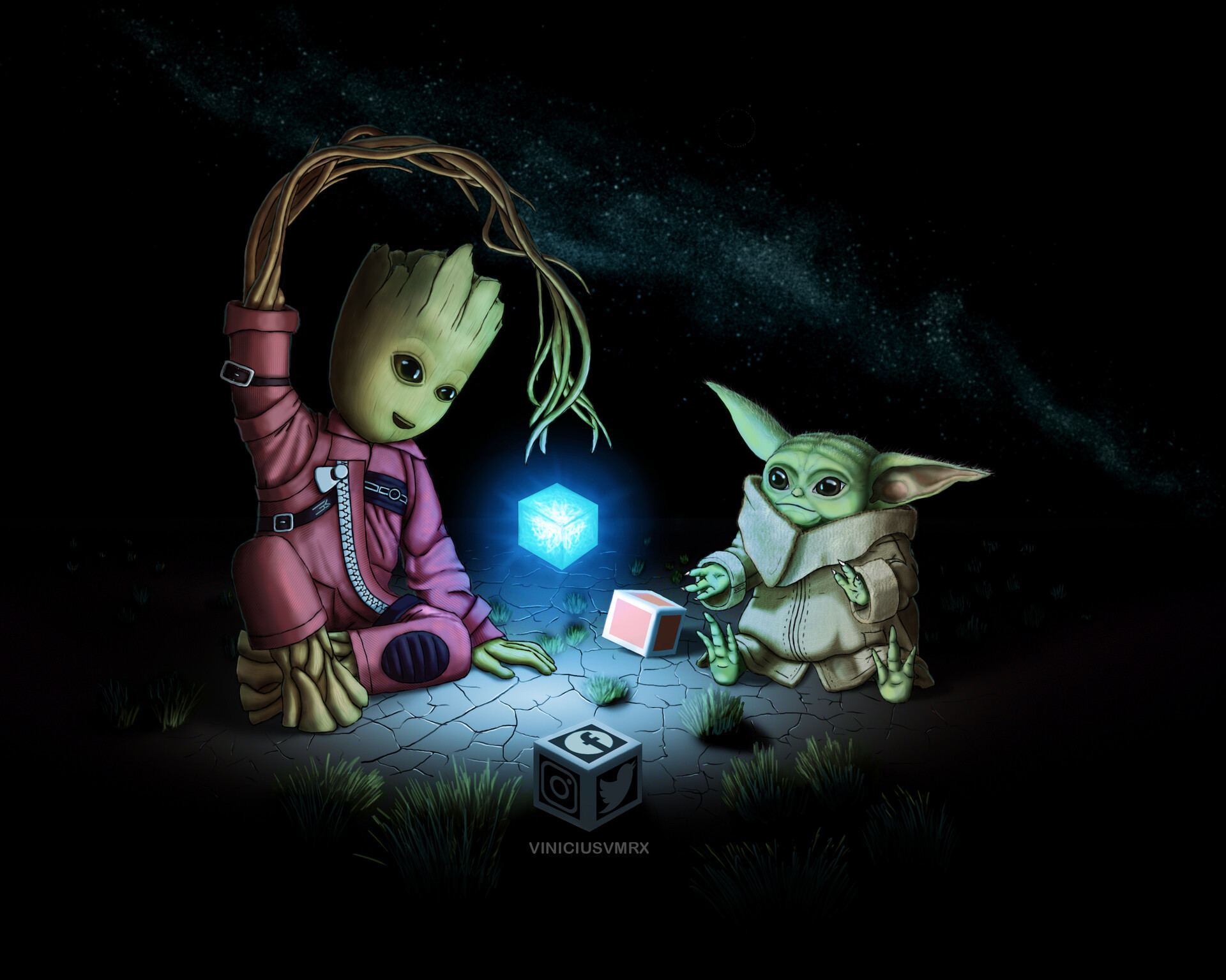 Baby Yoda And Baby Groot Art Wallpapers