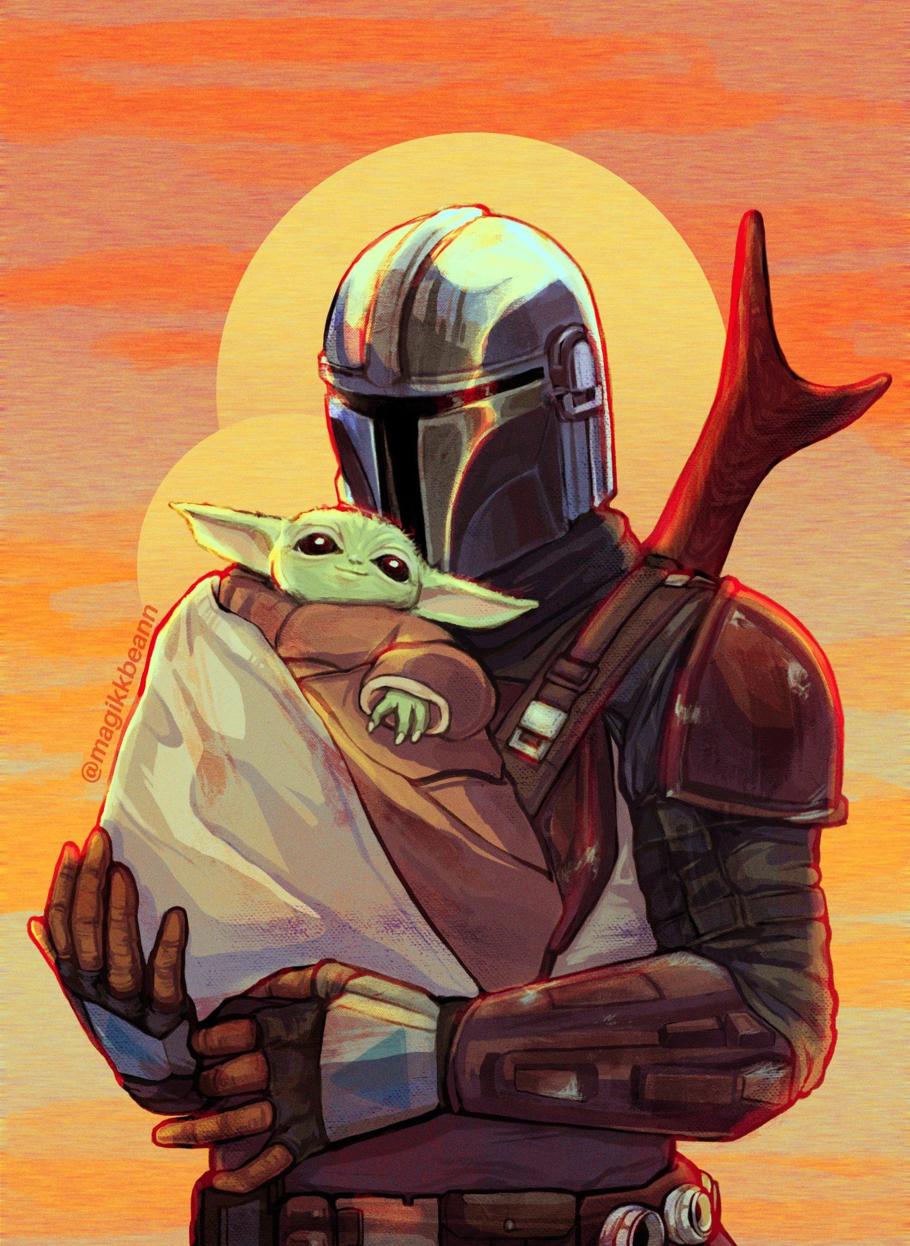 Baby Yoda And Mandalorian 4K Art Wallpapers