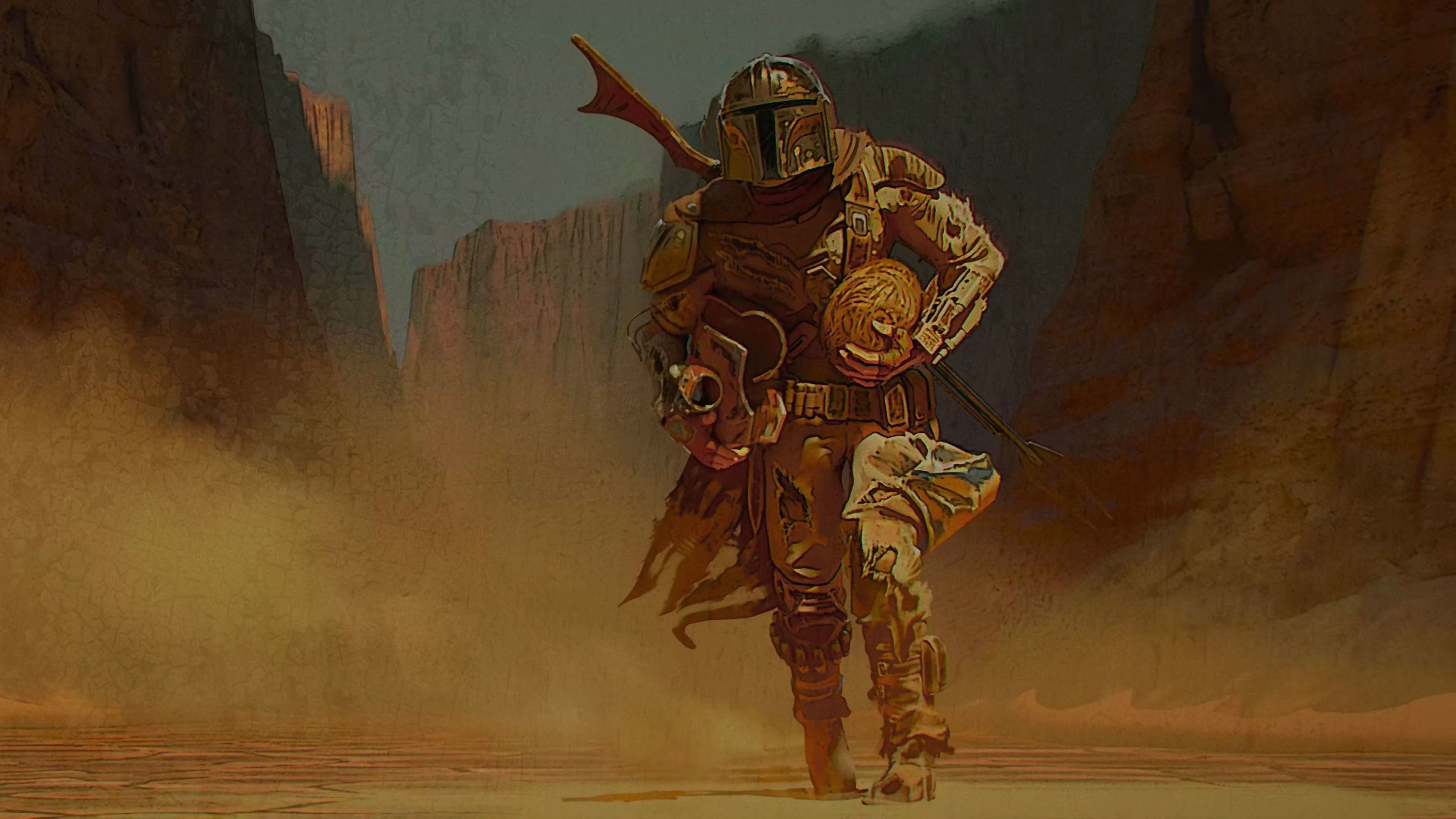 Baby Yoda And Mandalorian 4K Art Wallpapers