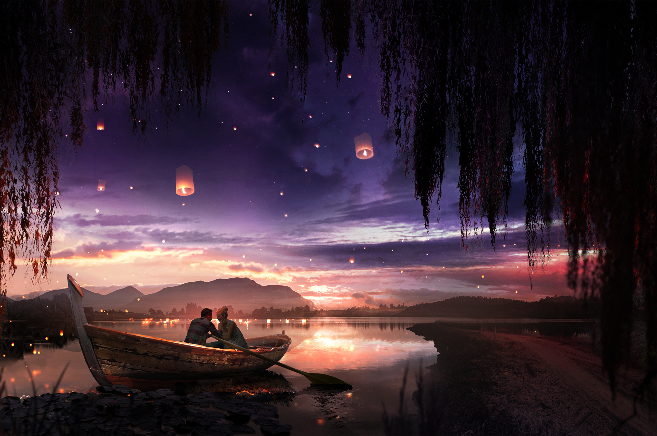 Boat, Lantern And Girl In Dark Night Art Wallpapers