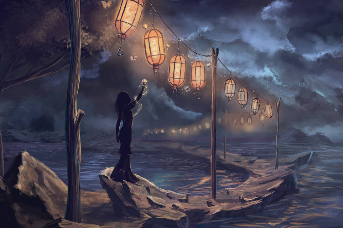 Boat, Lantern And Girl In Dark Night Art Wallpapers