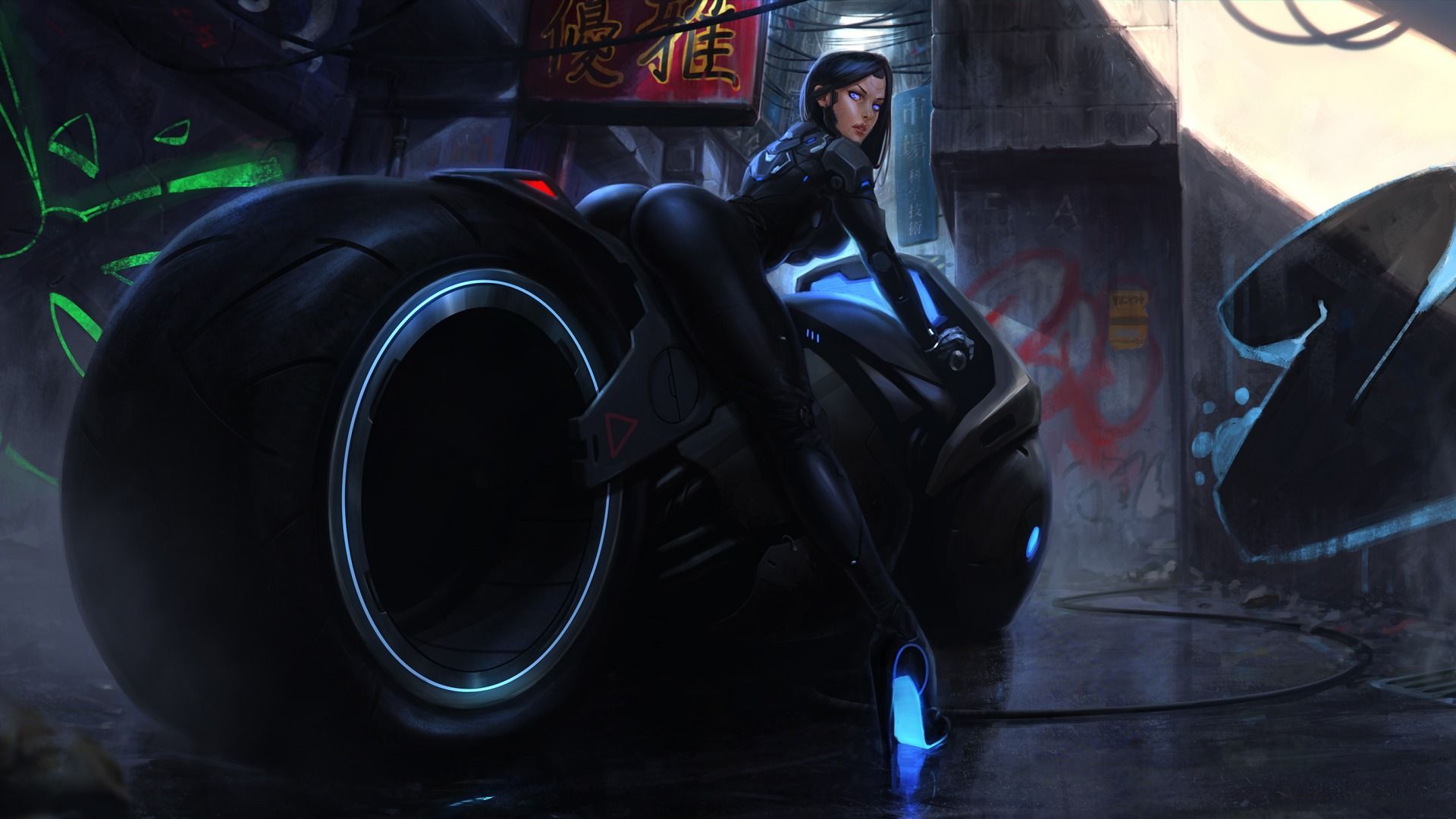 Cyberpunk Woman In Motorcycle Wallpapers