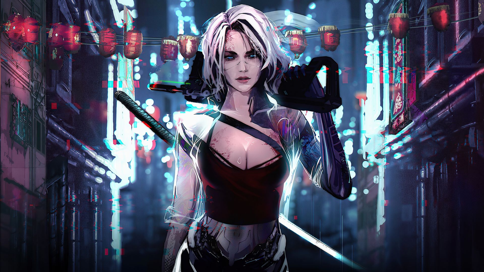 Cyborg Dog And Girl Cyberpunk Futuristic City Wallpapers