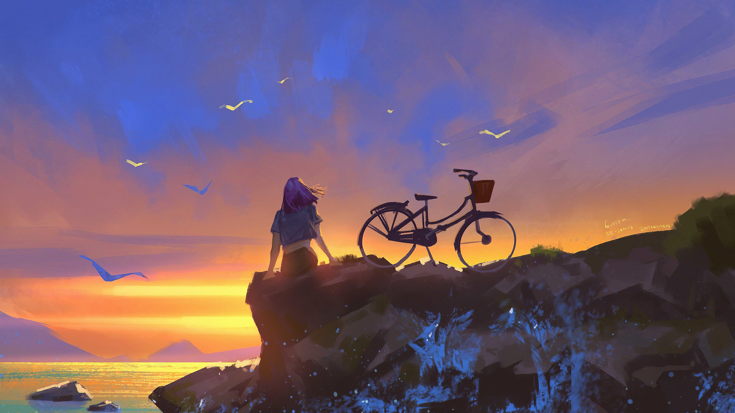 Girl Cycling Near Sea 4K Wallpapers