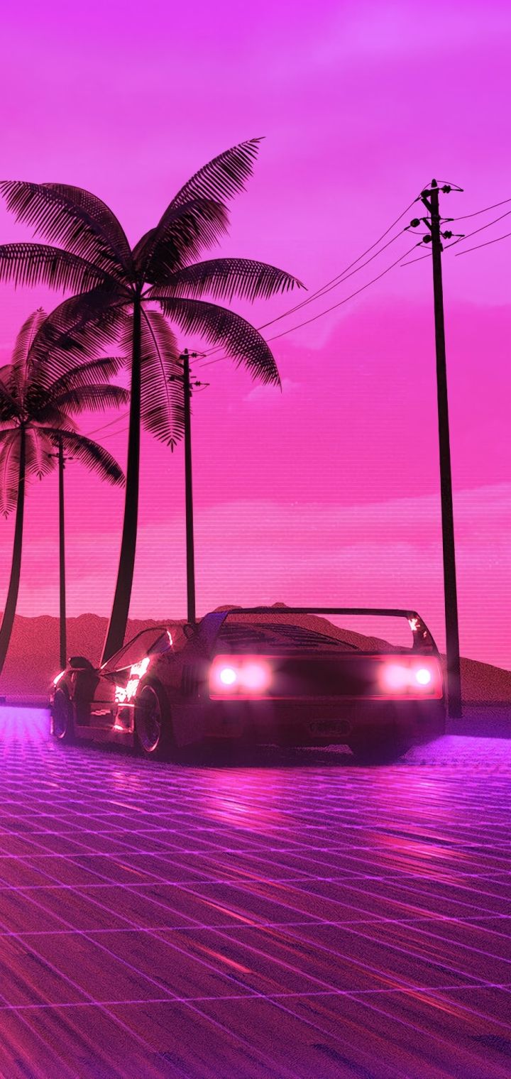 Retro Wave Sunset And Running Car Wallpapers