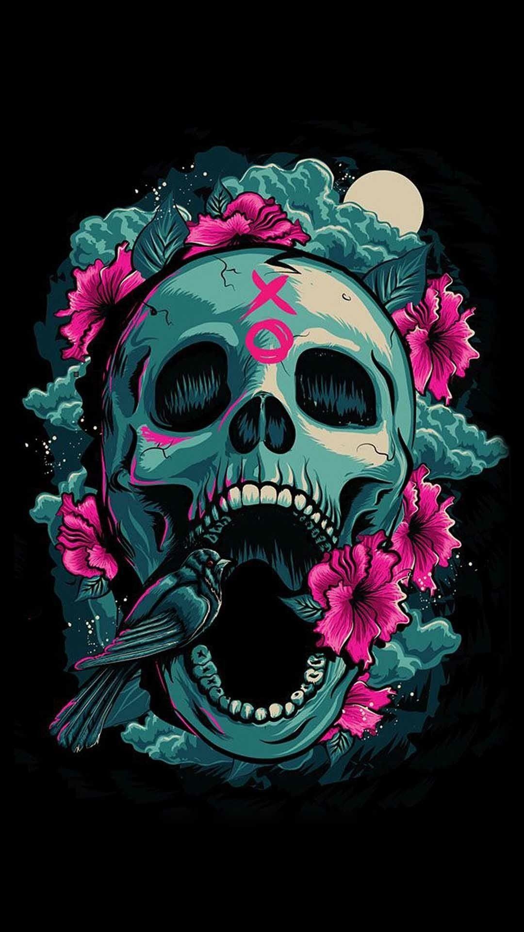 Skull Colorful Flowers Wallpapers