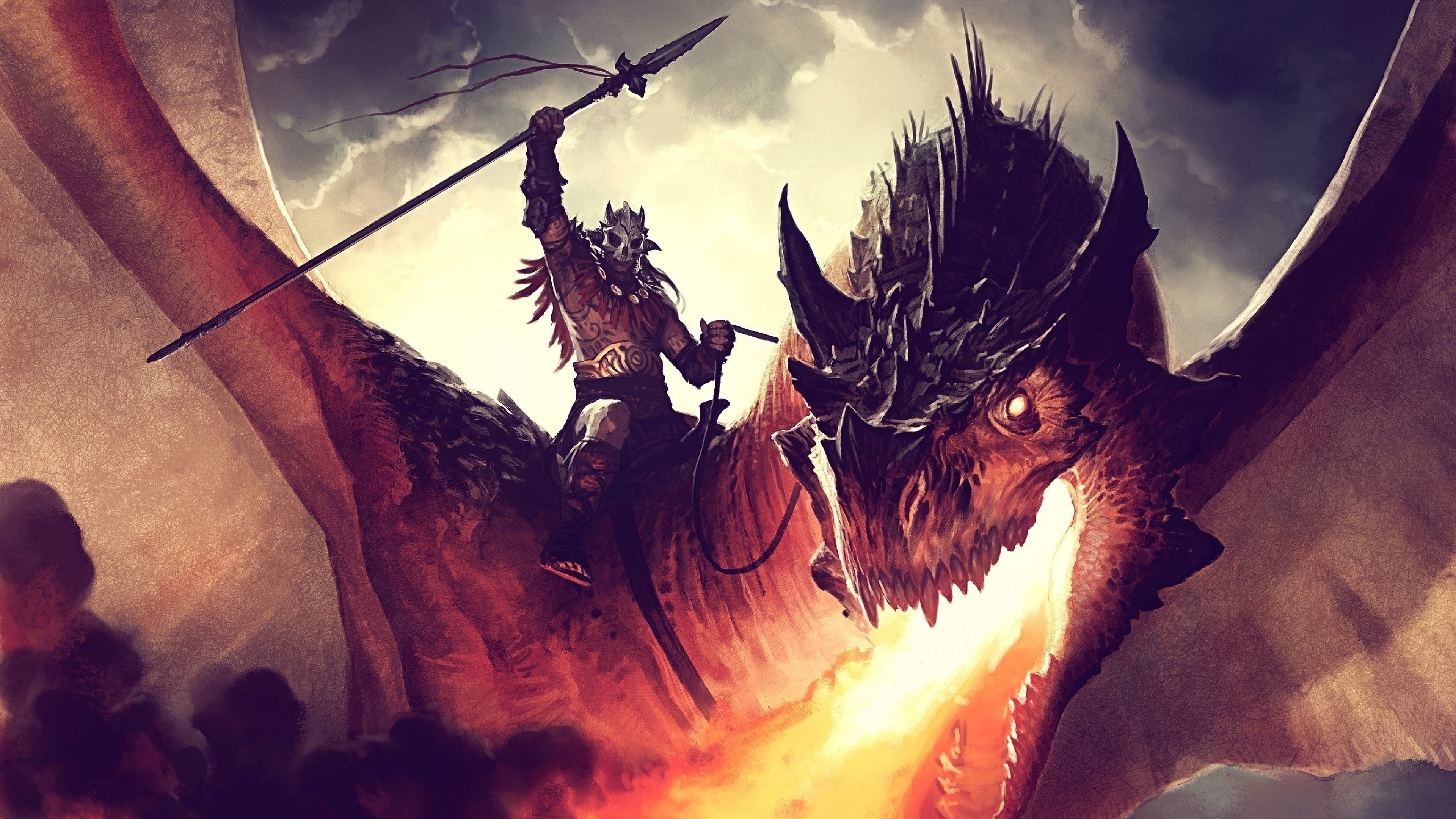 Warrior With Dragon In Sunrise Wallpapers