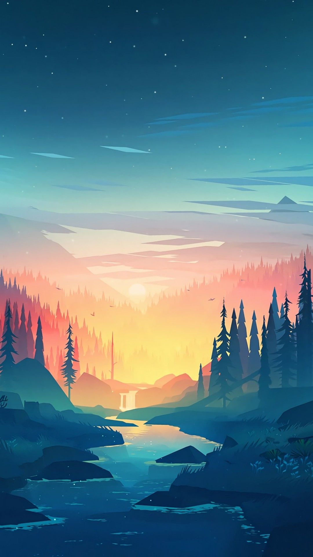 Forest Mountains Sunset Cool Weather Minimalism Wallpapers