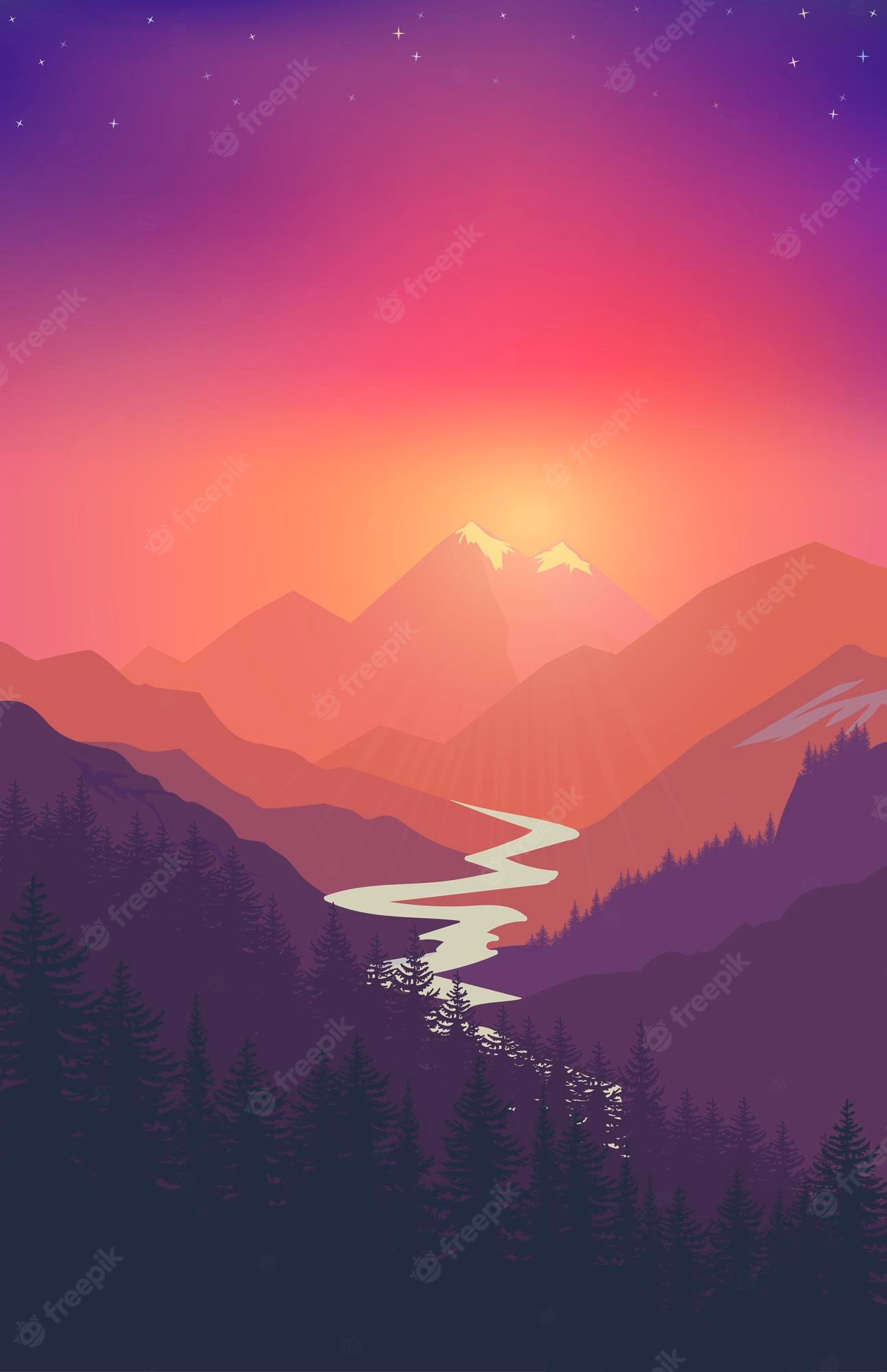 Forest Mountains Sunset Cool Weather Minimalism Wallpapers