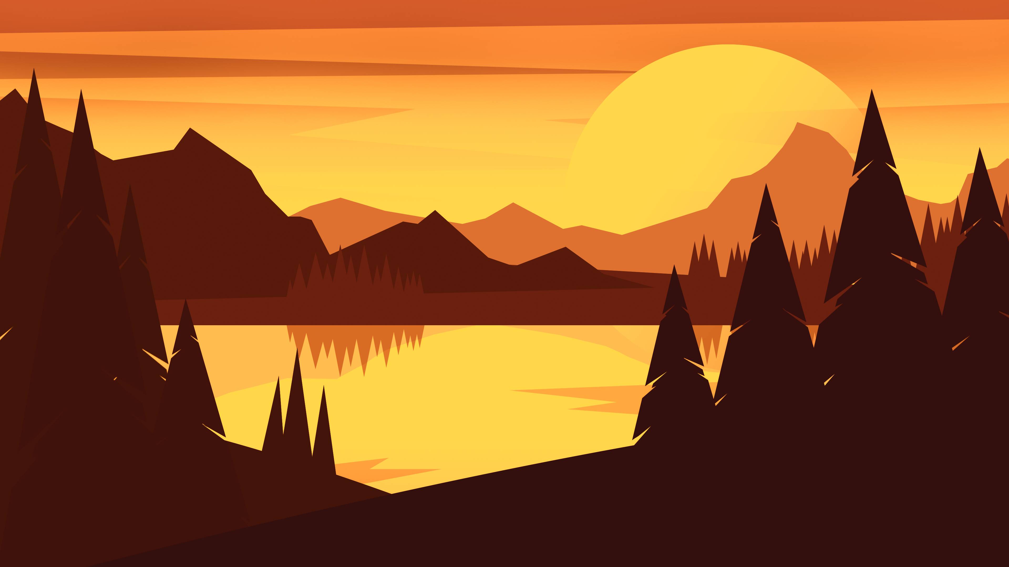 Forest Mountains Sunset Cool Weather Minimalism Wallpapers